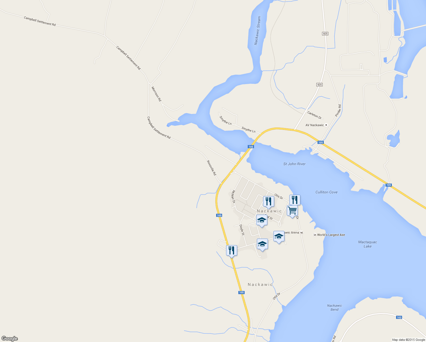 map of restaurants, bars, coffee shops, grocery stores, and more near 17 Rossville Road in Nackawic