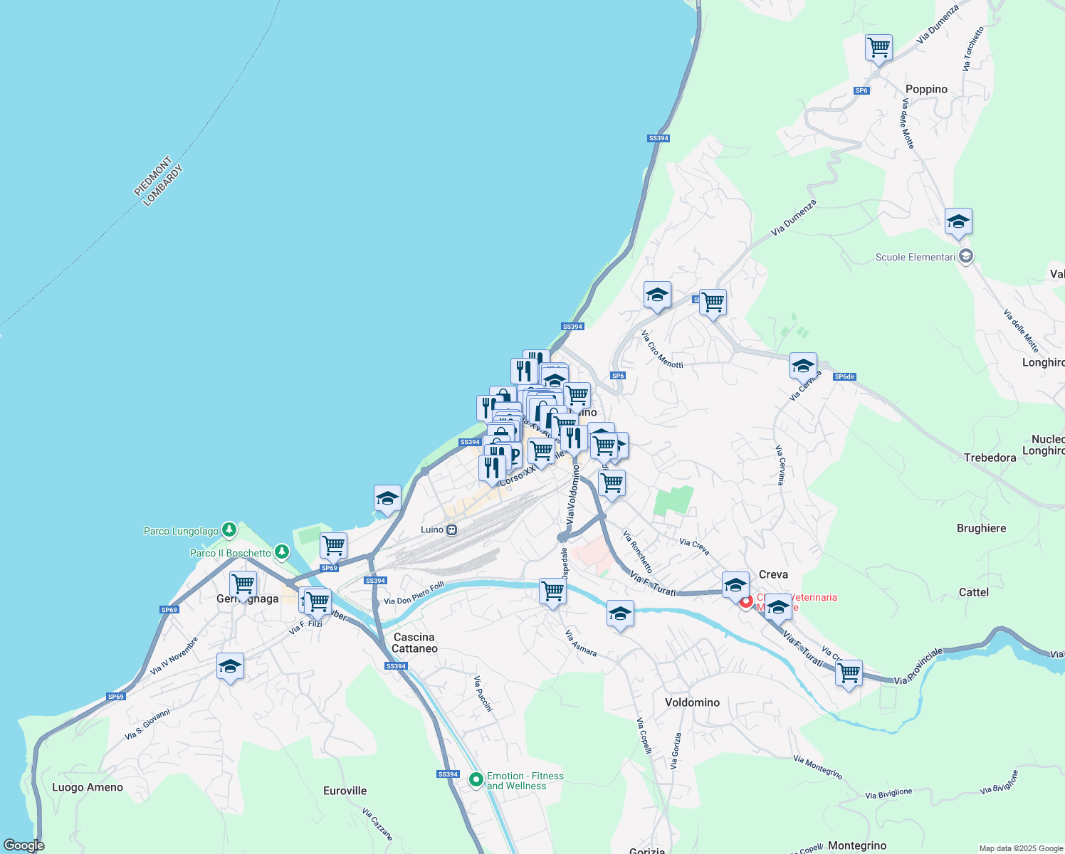 map of restaurants, bars, coffee shops, grocery stores, and more near 25 Via Vittorio Sereni in Luino