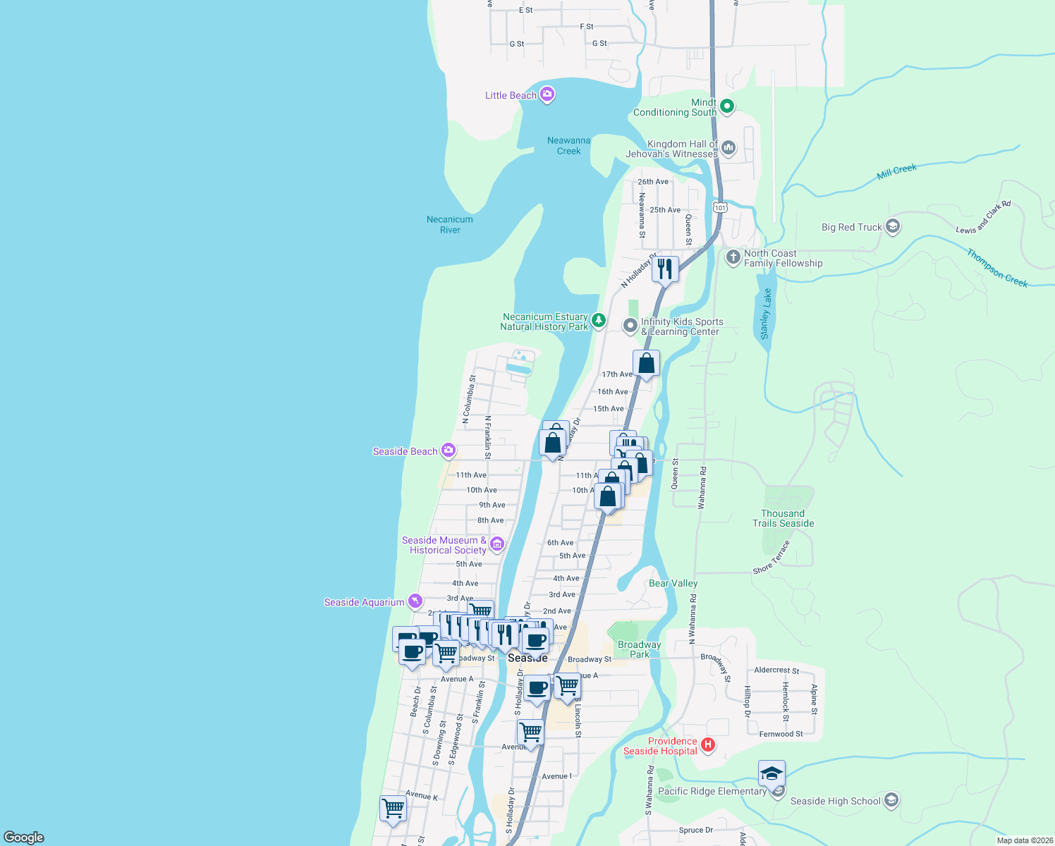 map of restaurants, bars, coffee shops, grocery stores, and more near 545 15th Ave in Seaside