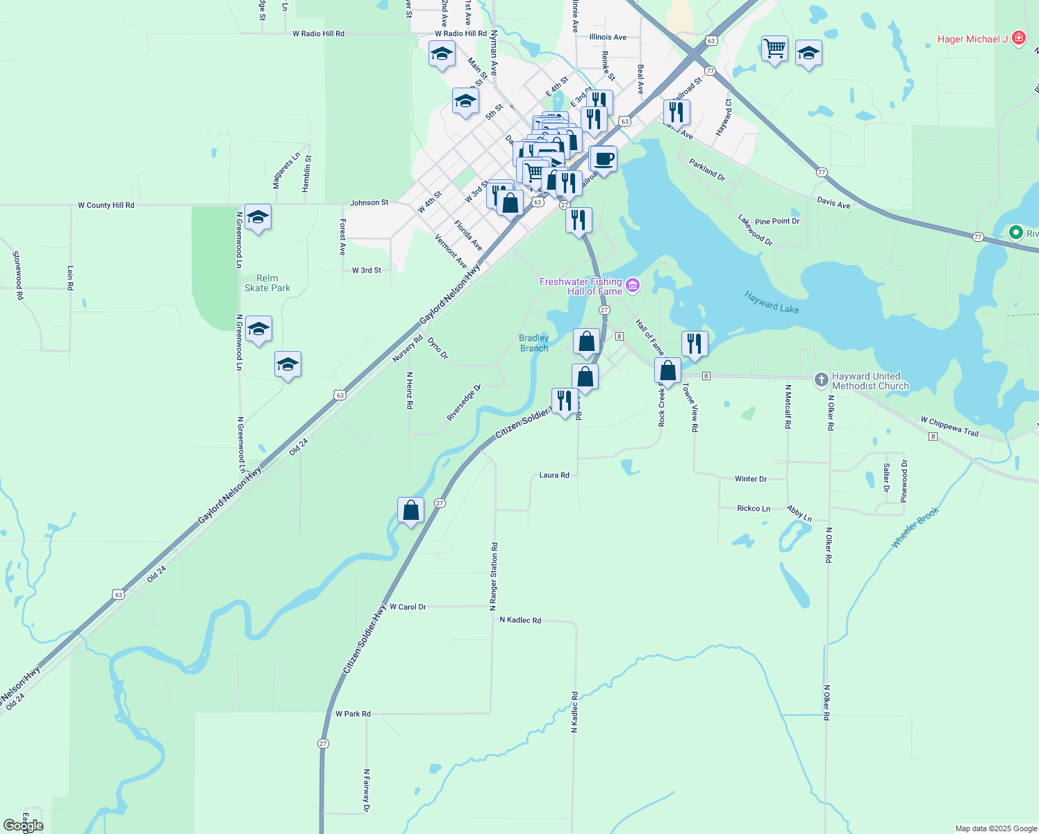 map of restaurants, bars, coffee shops, grocery stores, and more near 10249 Wisconsin 27 in Hayward