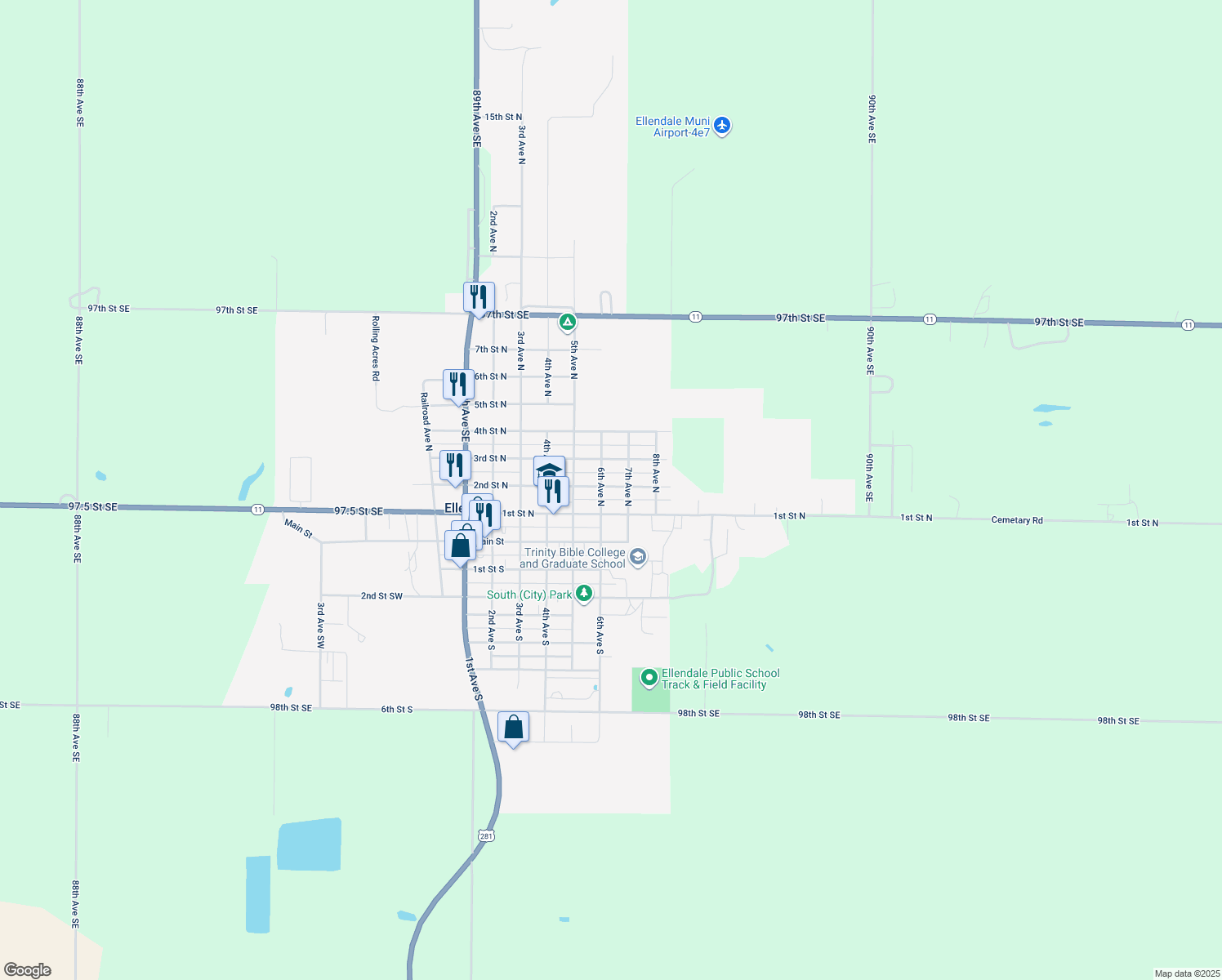 map of restaurants, bars, coffee shops, grocery stores, and more near 608 2nd Street North in Ellendale