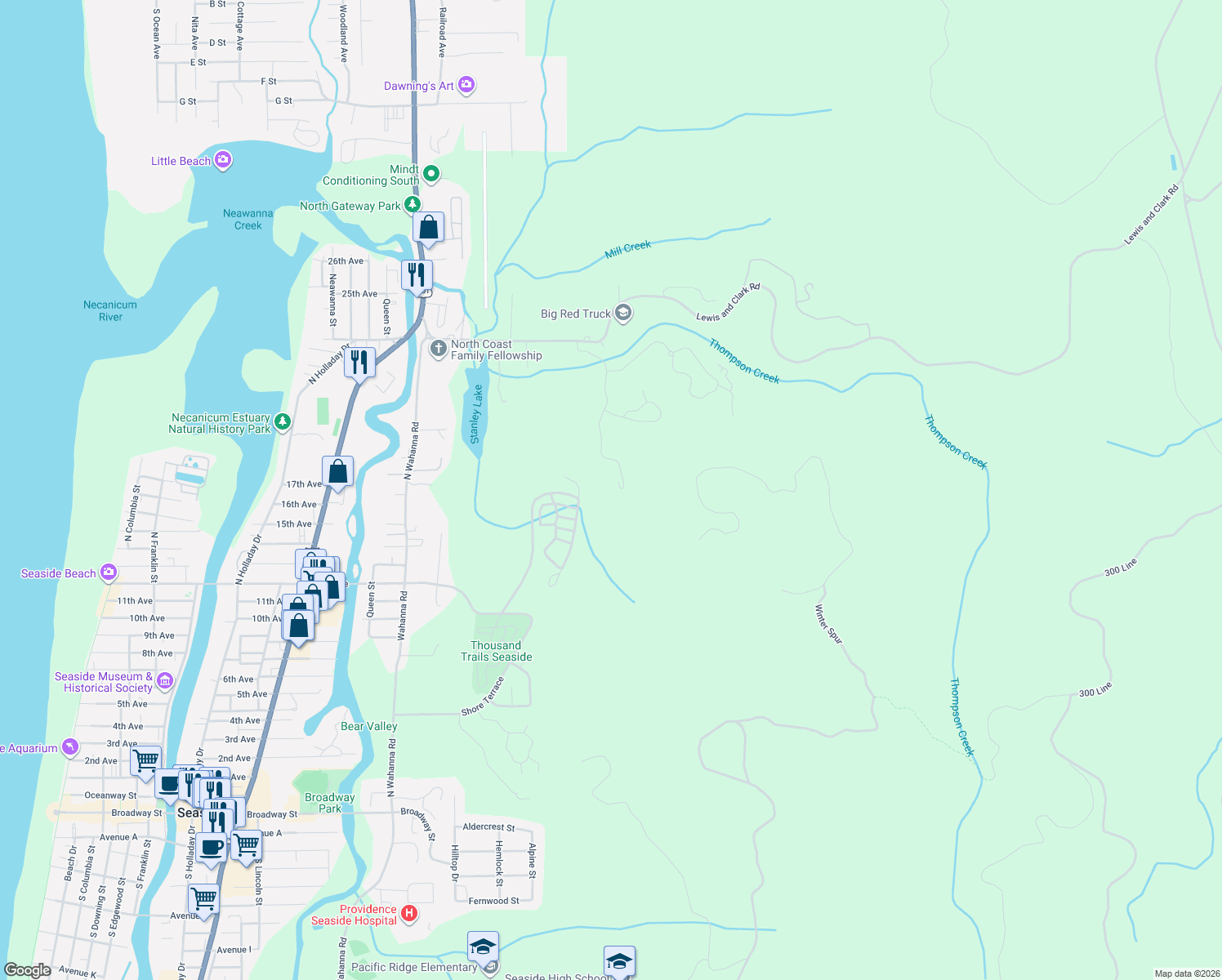map of restaurants, bars, coffee shops, grocery stores, and more near 1790 Thompson Falls Drive in Seaside