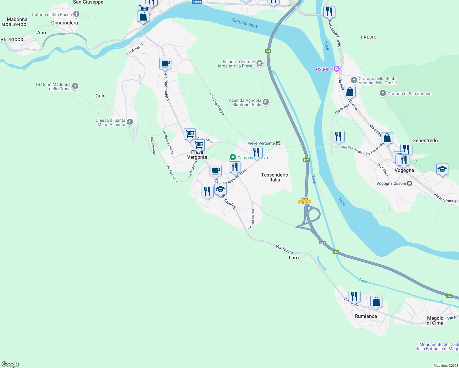 map of restaurants, bars, coffee shops, grocery stores, and more near 2 Via Vittorio Emanuele in Pieve Vergonte