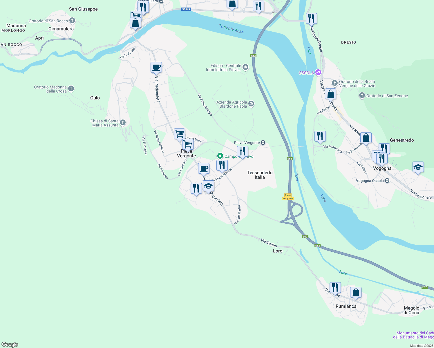 map of restaurants, bars, coffee shops, grocery stores, and more near 2 Via Vittorio Emanuele in Pieve Vergonte