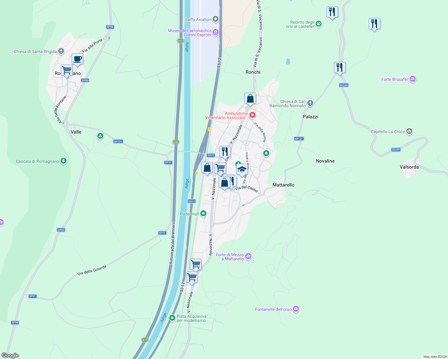 map of restaurants, bars, coffee shops, grocery stores, and more near Via della Torre Franca in Mattarello