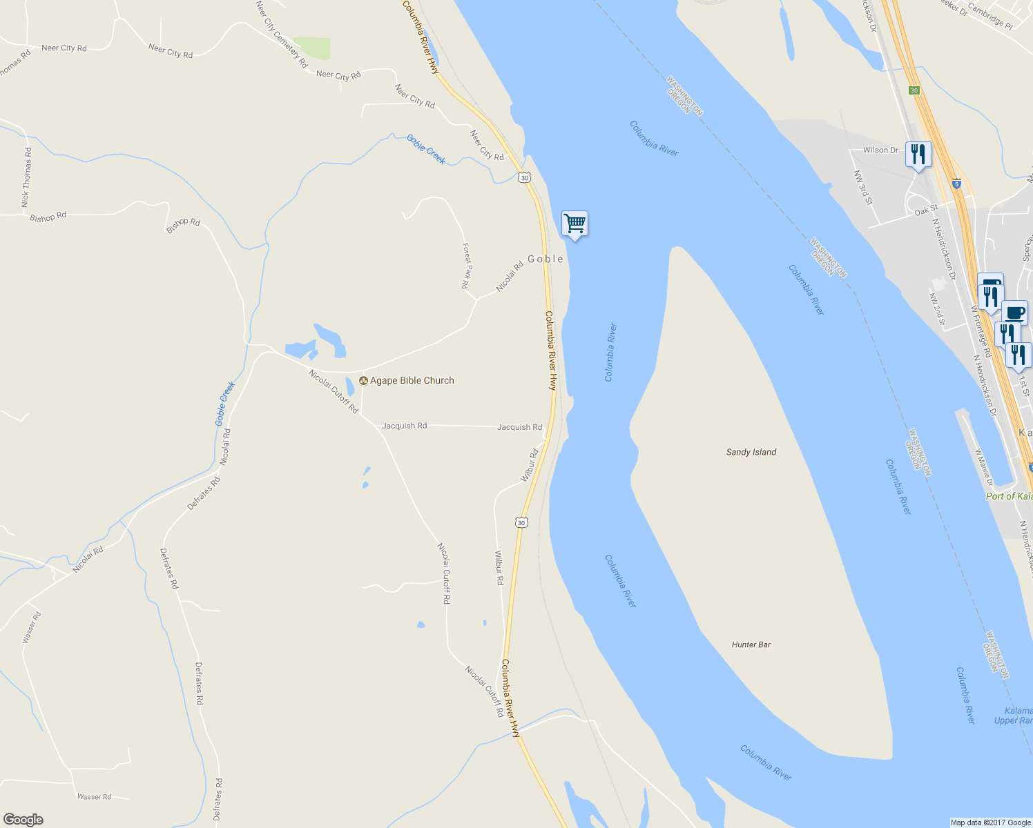 map of restaurants, bars, coffee shops, grocery stores, and more near 33445 Jacquish Road in Rainier