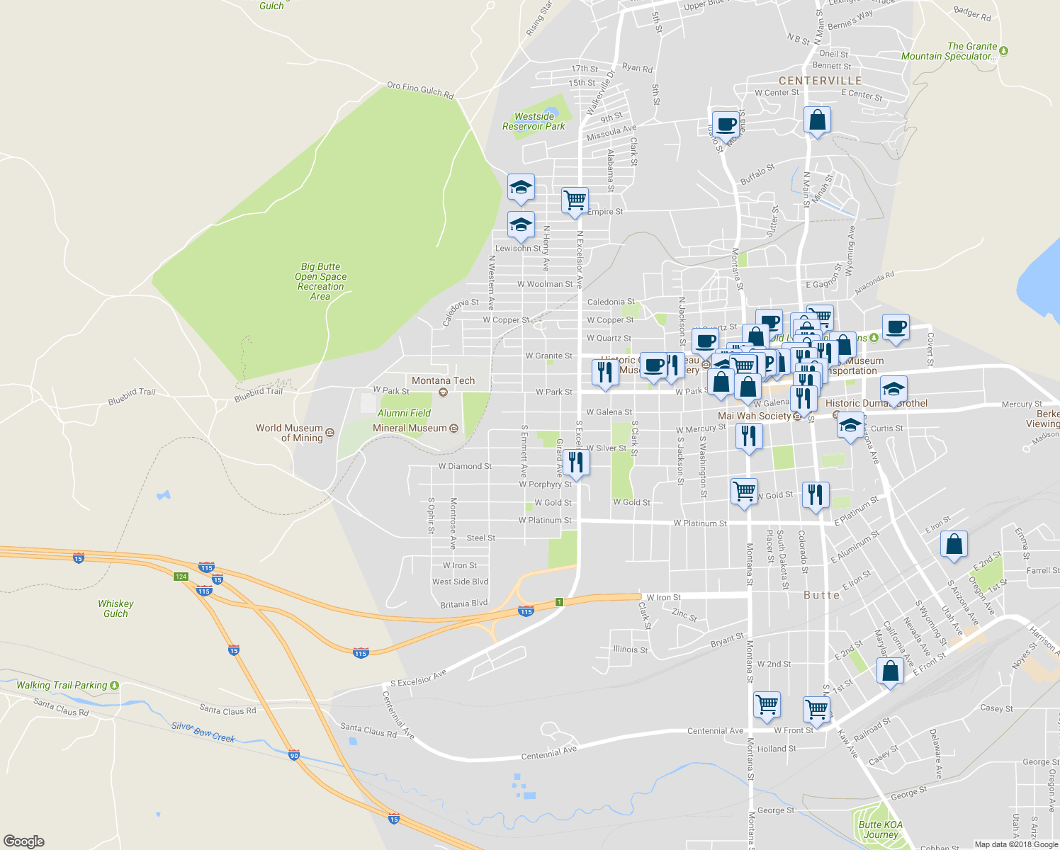 map of restaurants, bars, coffee shops, grocery stores, and more near 1059 West Mercury Street in Butte