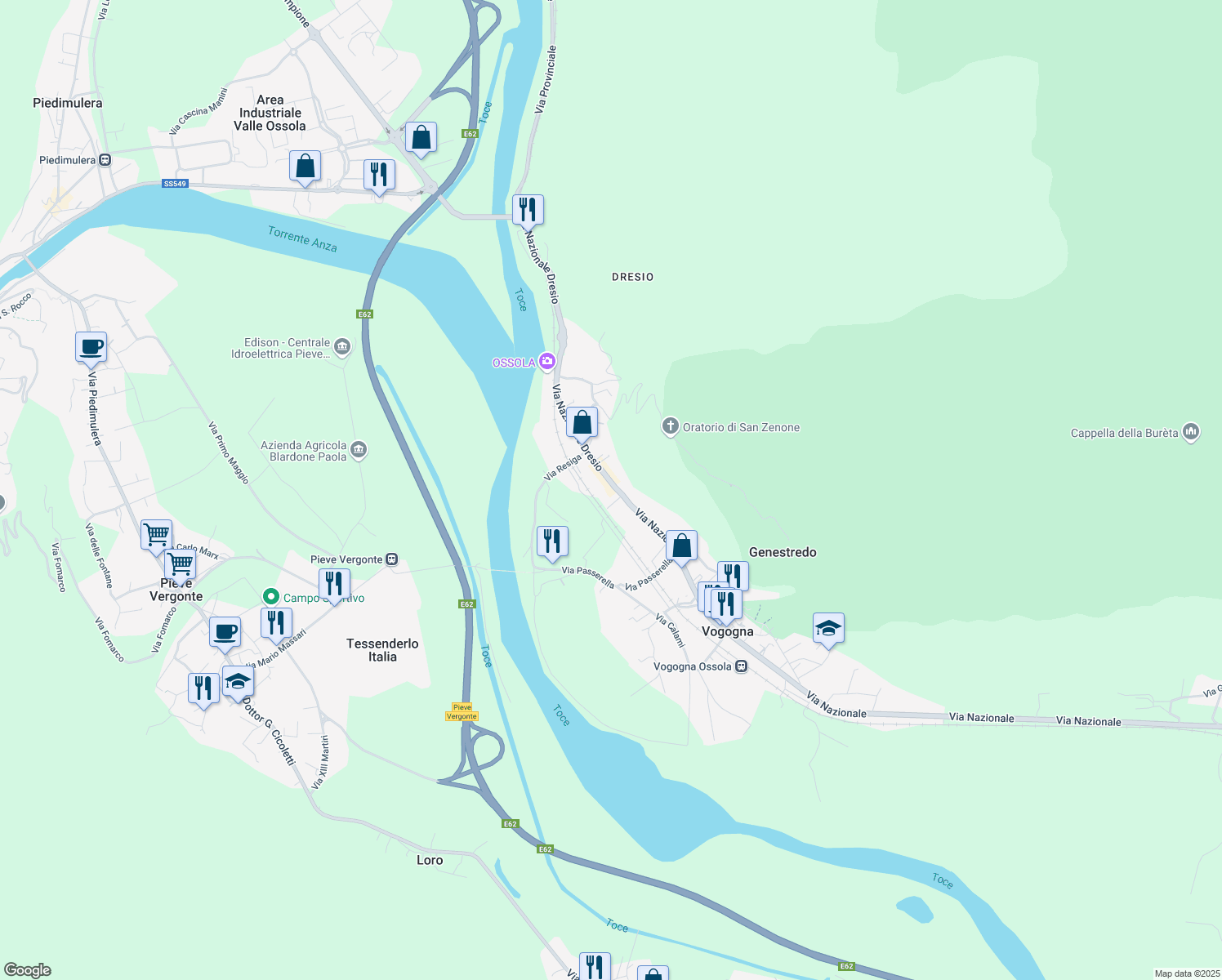 map of restaurants, bars, coffee shops, grocery stores, and more near 3 Via Nazionale in Vogogna