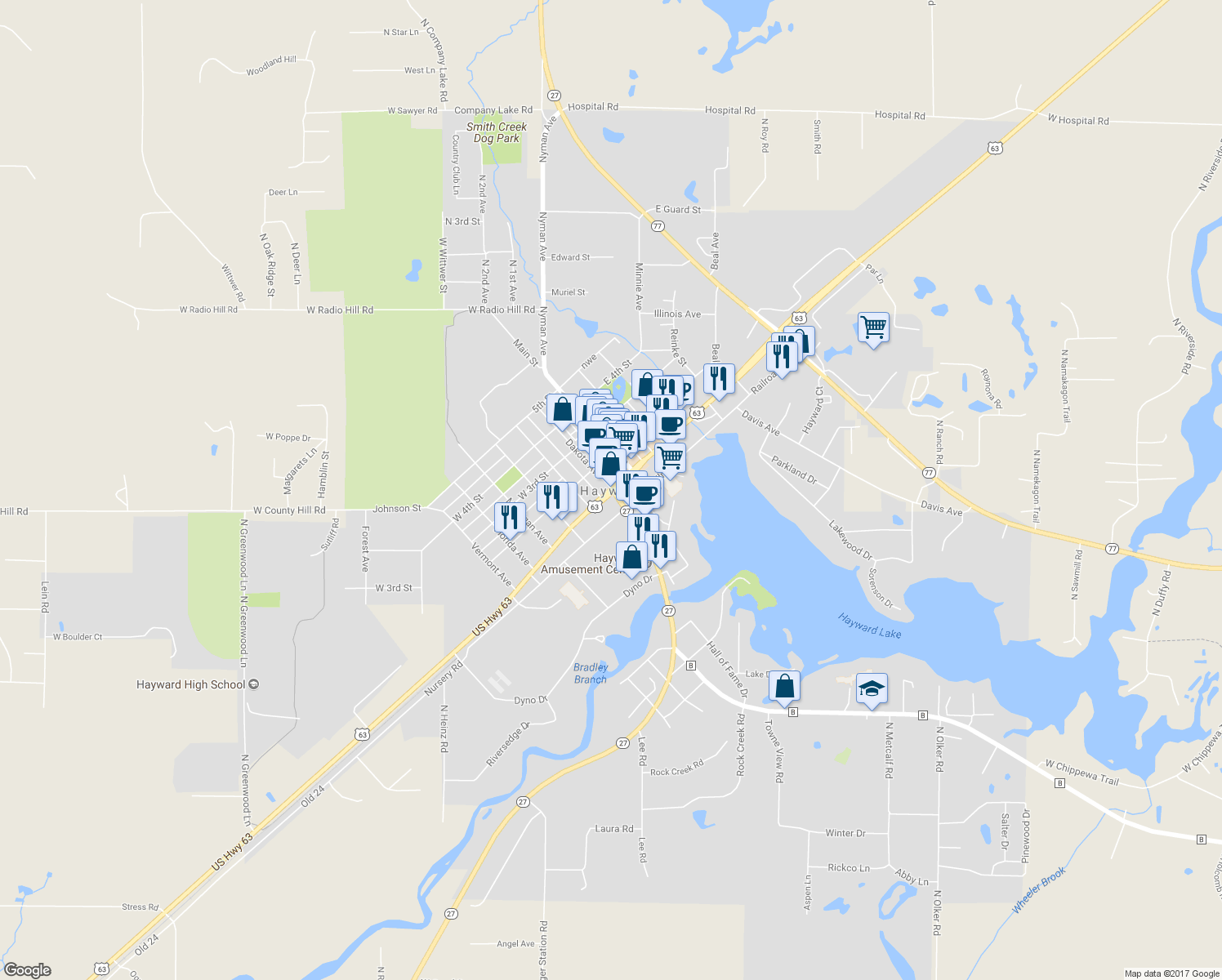 map of restaurants, bars, coffee shops, grocery stores, and more near US Highway 63 in Hayward