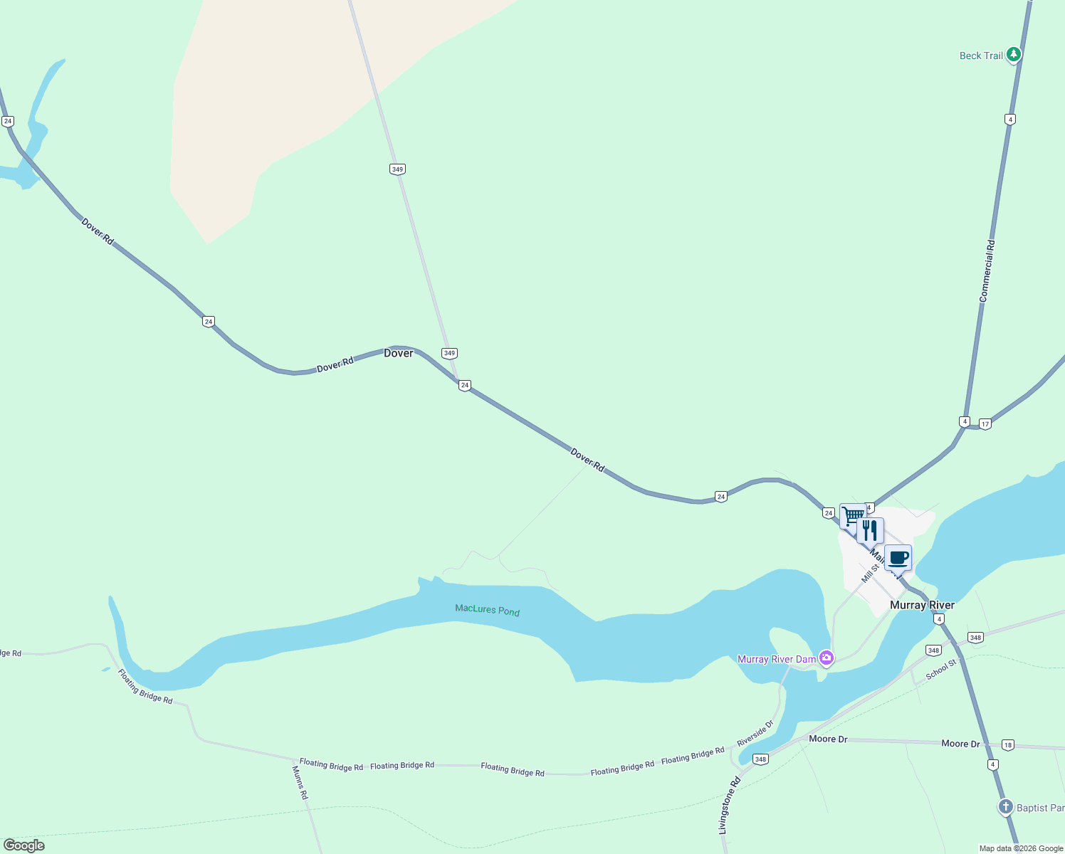 map of restaurants, bars, coffee shops, grocery stores, and more near 333 Dover Road in Murray River