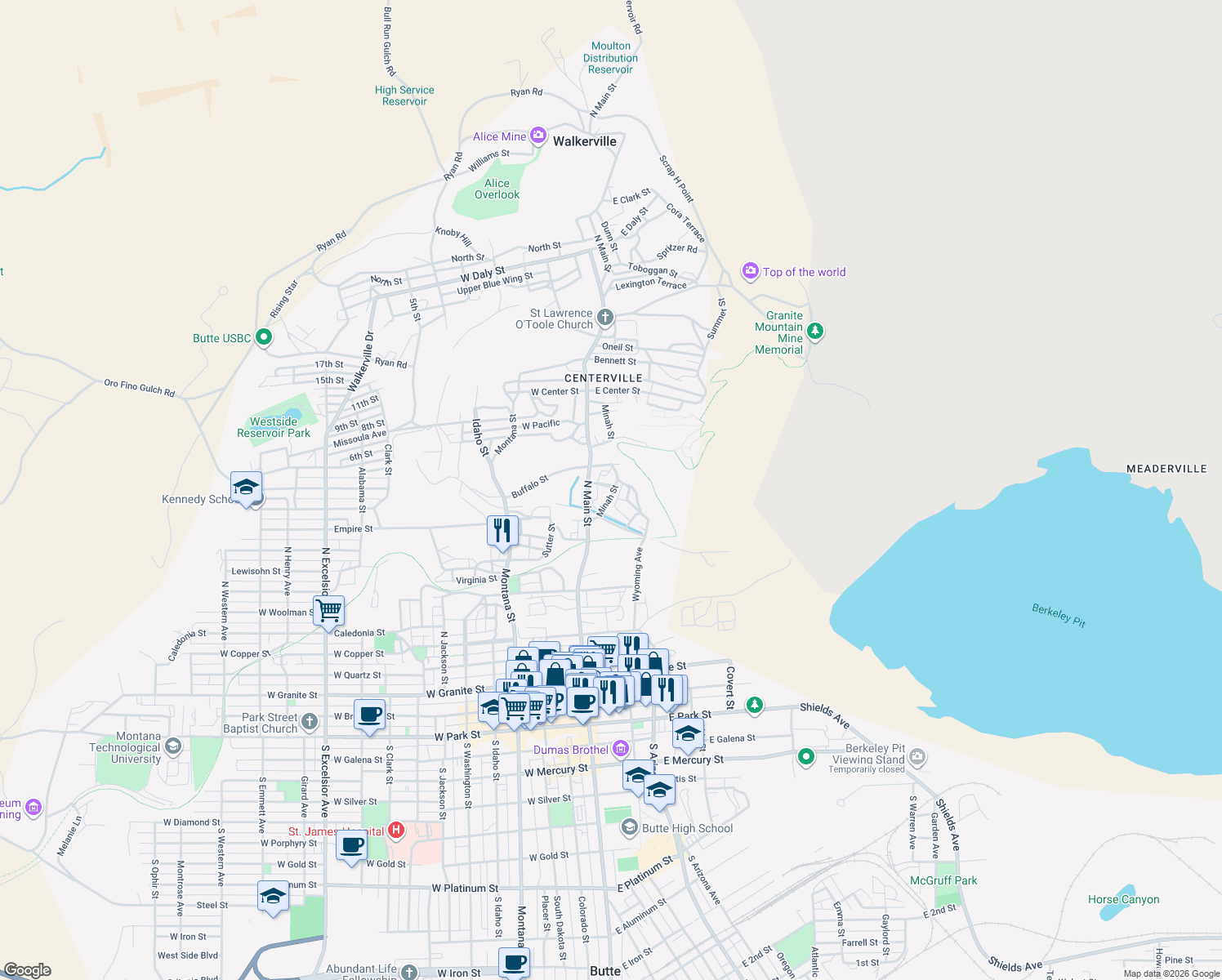 map of restaurants, bars, coffee shops, grocery stores, and more near 34 East Summit Street in Butte