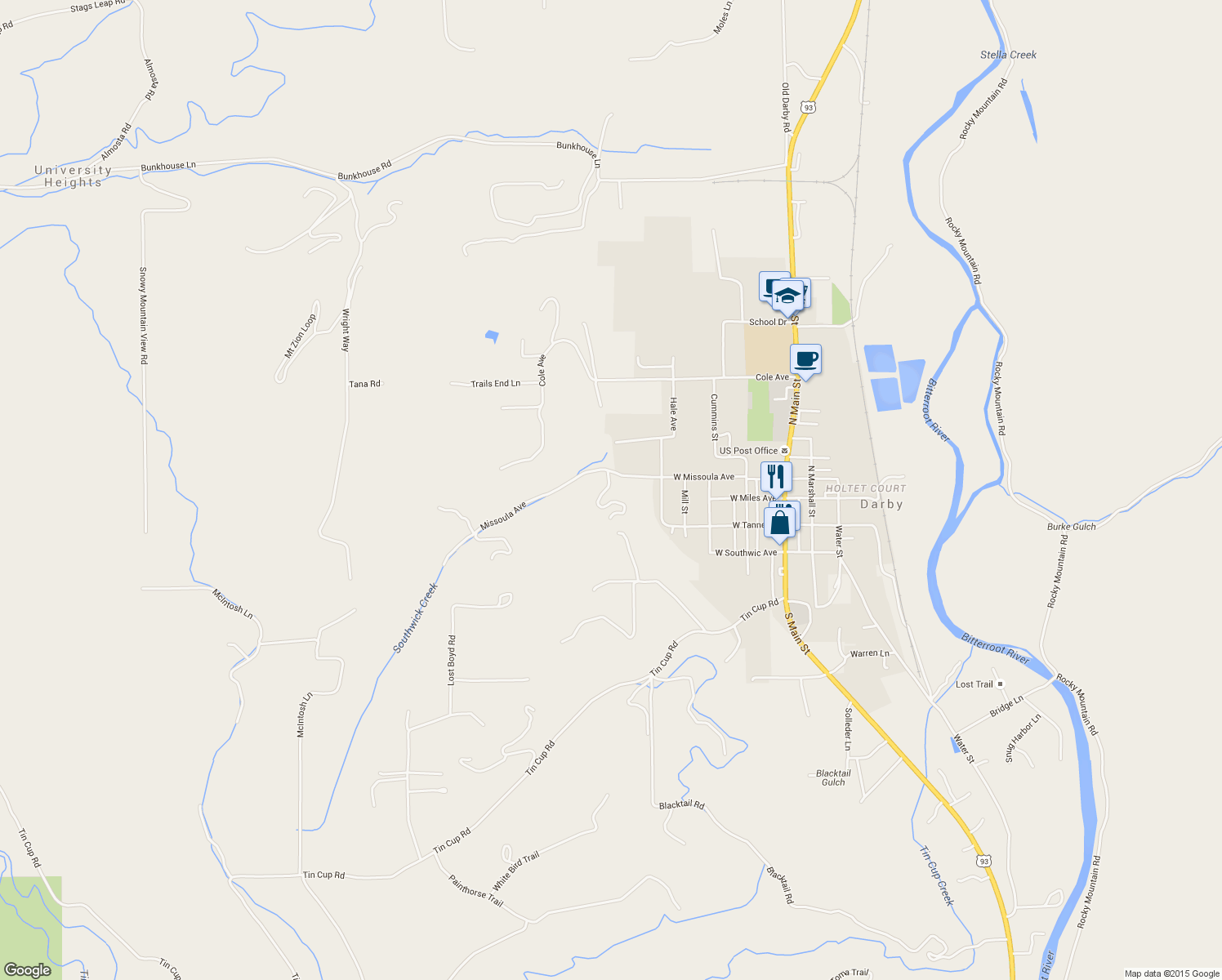 map of restaurants, bars, coffee shops, grocery stores, and more near 500 West Missoula Avenue in Darby