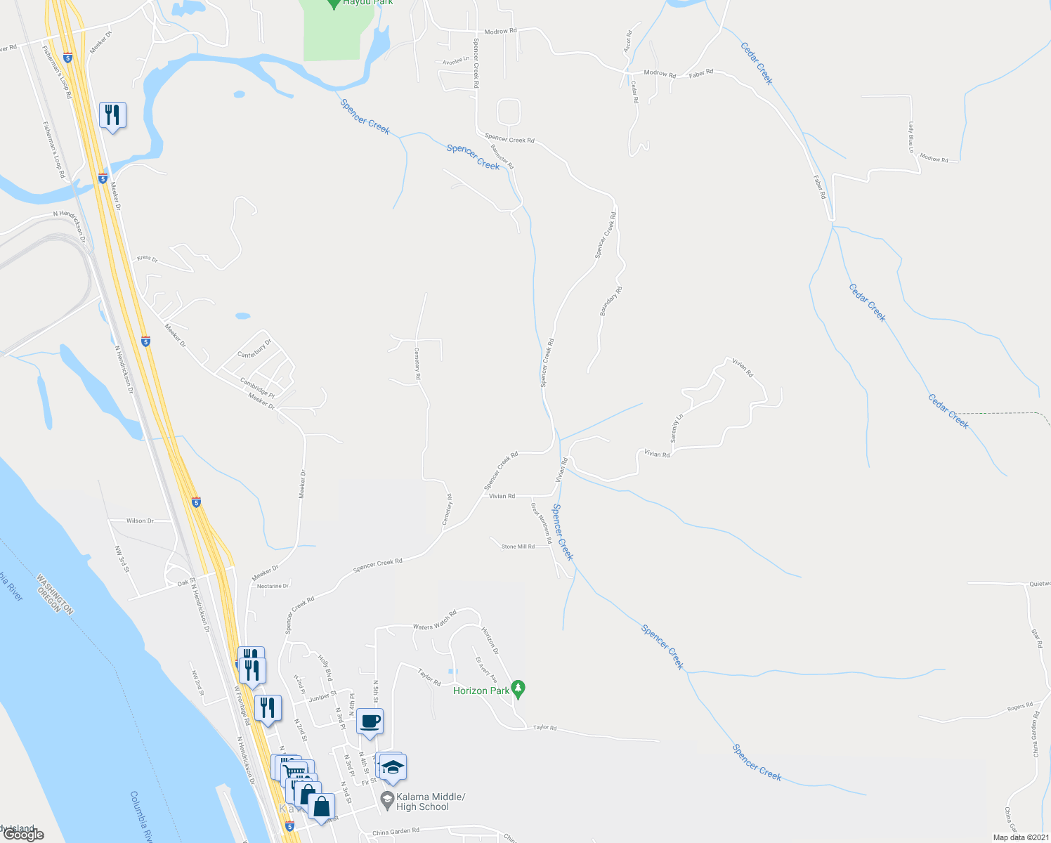 map of restaurants, bars, coffee shops, grocery stores, and more near 693 Spencer Creek Road in Kalama