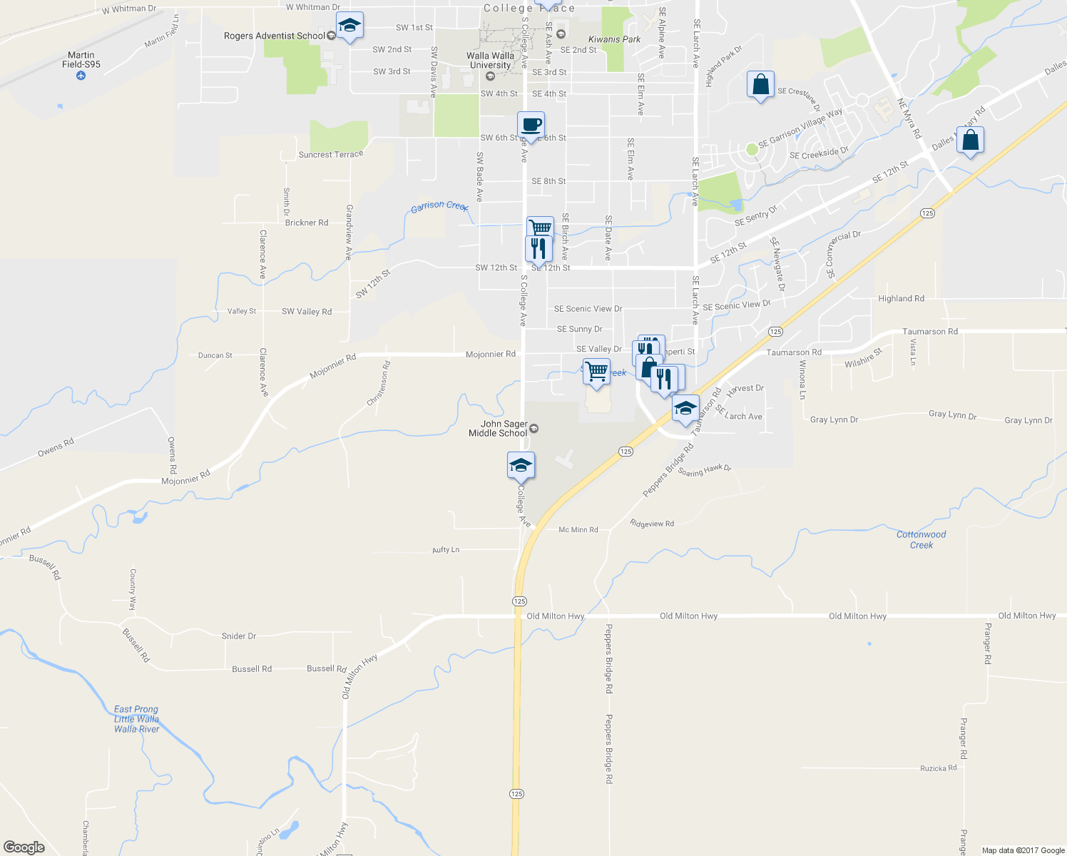 map of restaurants, bars, coffee shops, grocery stores, and more near 1755 South College Avenue in College Place