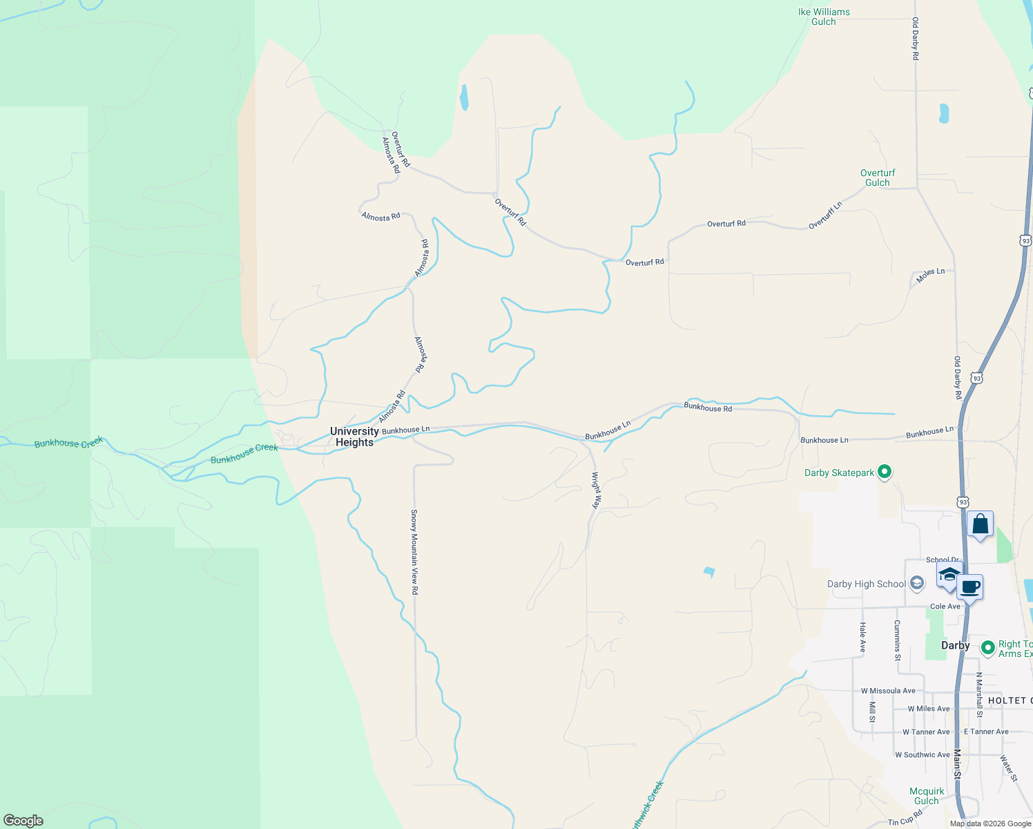 map of restaurants, bars, coffee shops, grocery stores, and more near 411 Bunkhouse Road in Darby