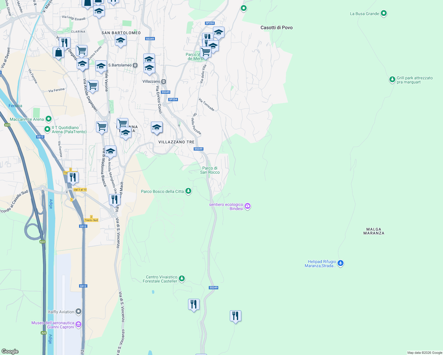 map of restaurants, bars, coffee shops, grocery stores, and more near 49 Via Professore Giacomo Roberti in Trento