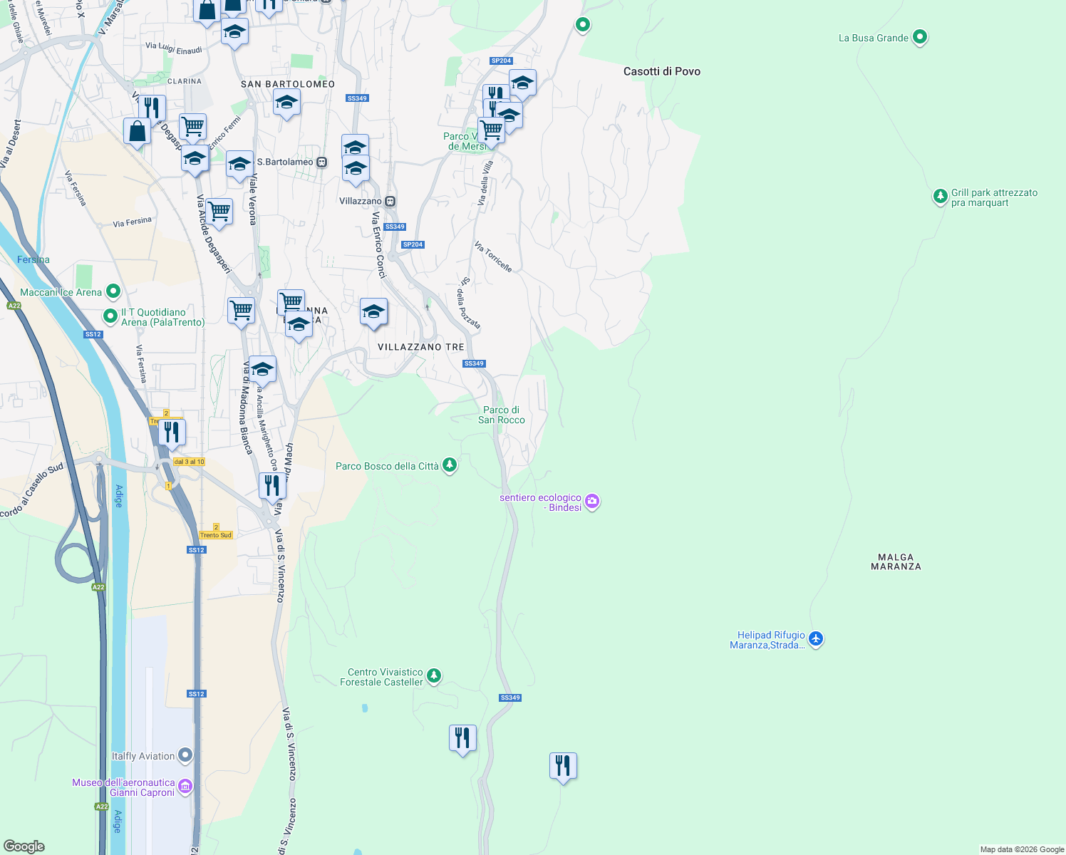 map of restaurants, bars, coffee shops, grocery stores, and more near 49 Via Giacomo Roberti in Trento