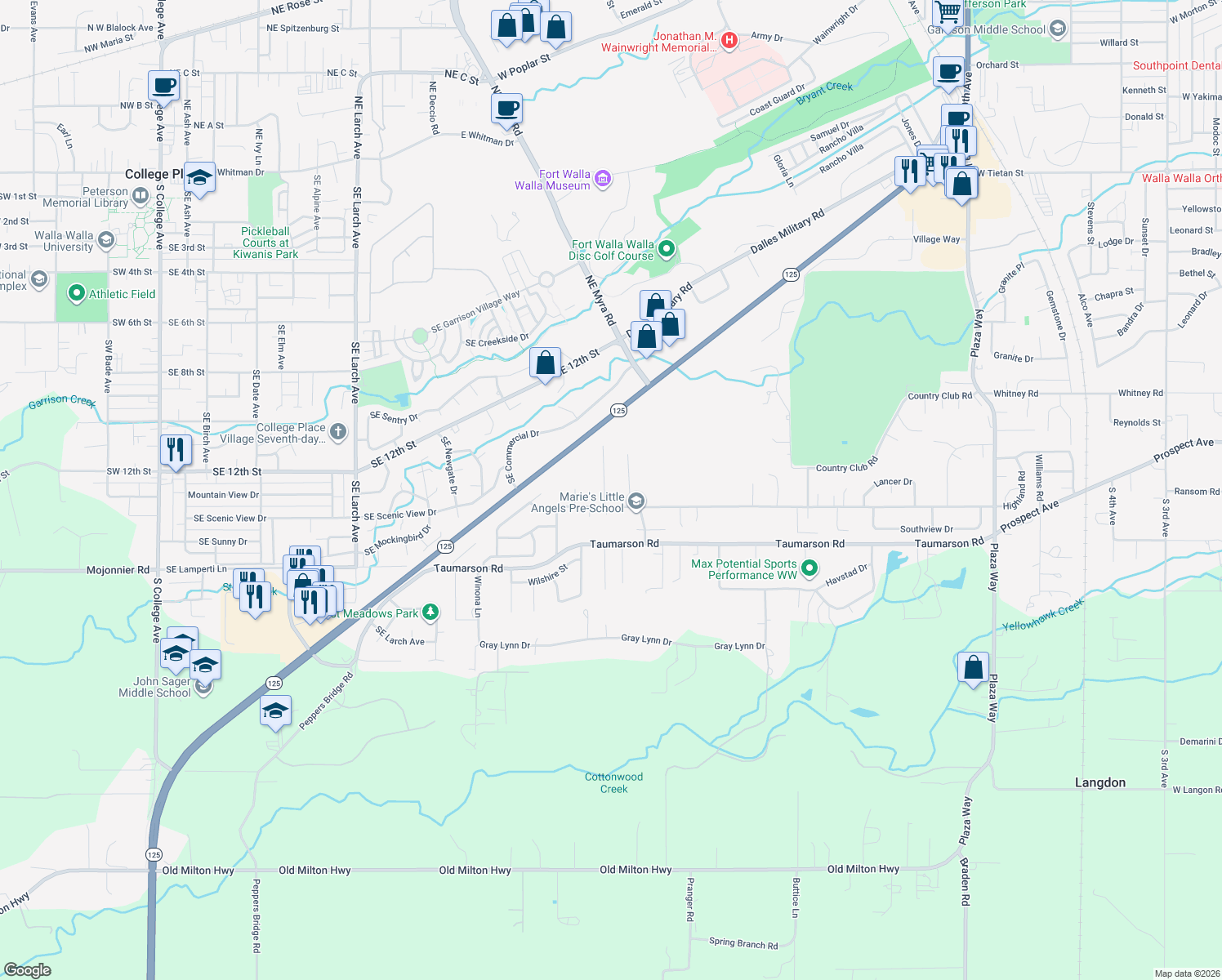 map of restaurants, bars, coffee shops, grocery stores, and more near 1810 Highland Road in Walla Walla