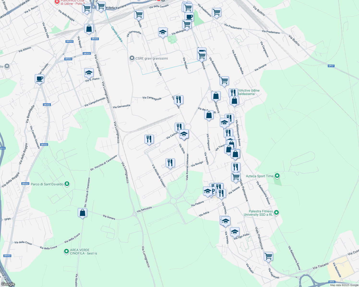 map of restaurants, bars, coffee shops, grocery stores, and more near Via Stiria in Udine