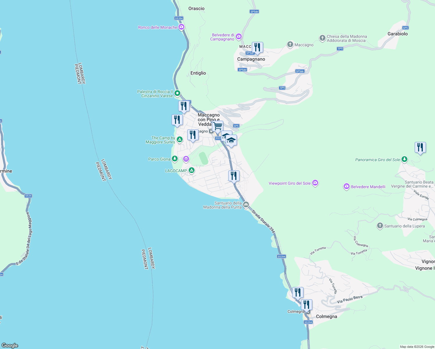 map of restaurants, bars, coffee shops, grocery stores, and more near 11 Via Frat Monaco Benefattori in Maccagno con Pino e Veddasca