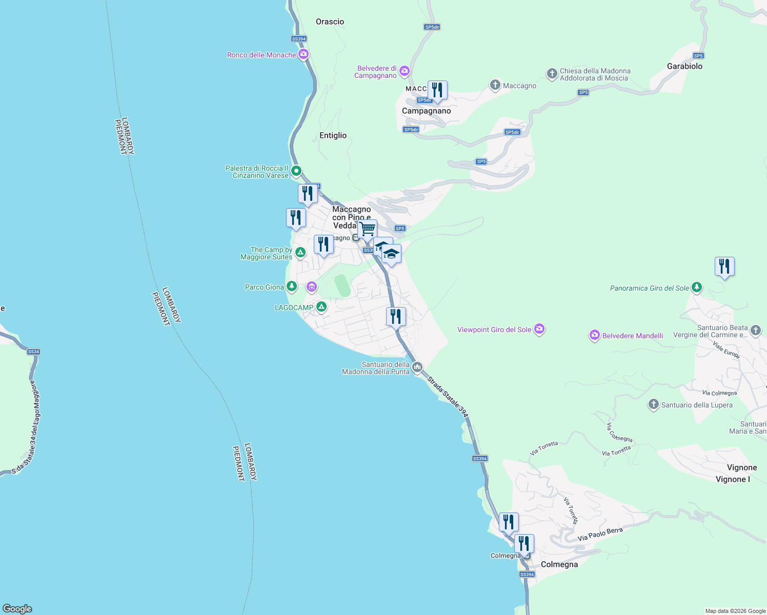 map of restaurants, bars, coffee shops, grocery stores, and more near in Maccagno con Pino e Veddasca