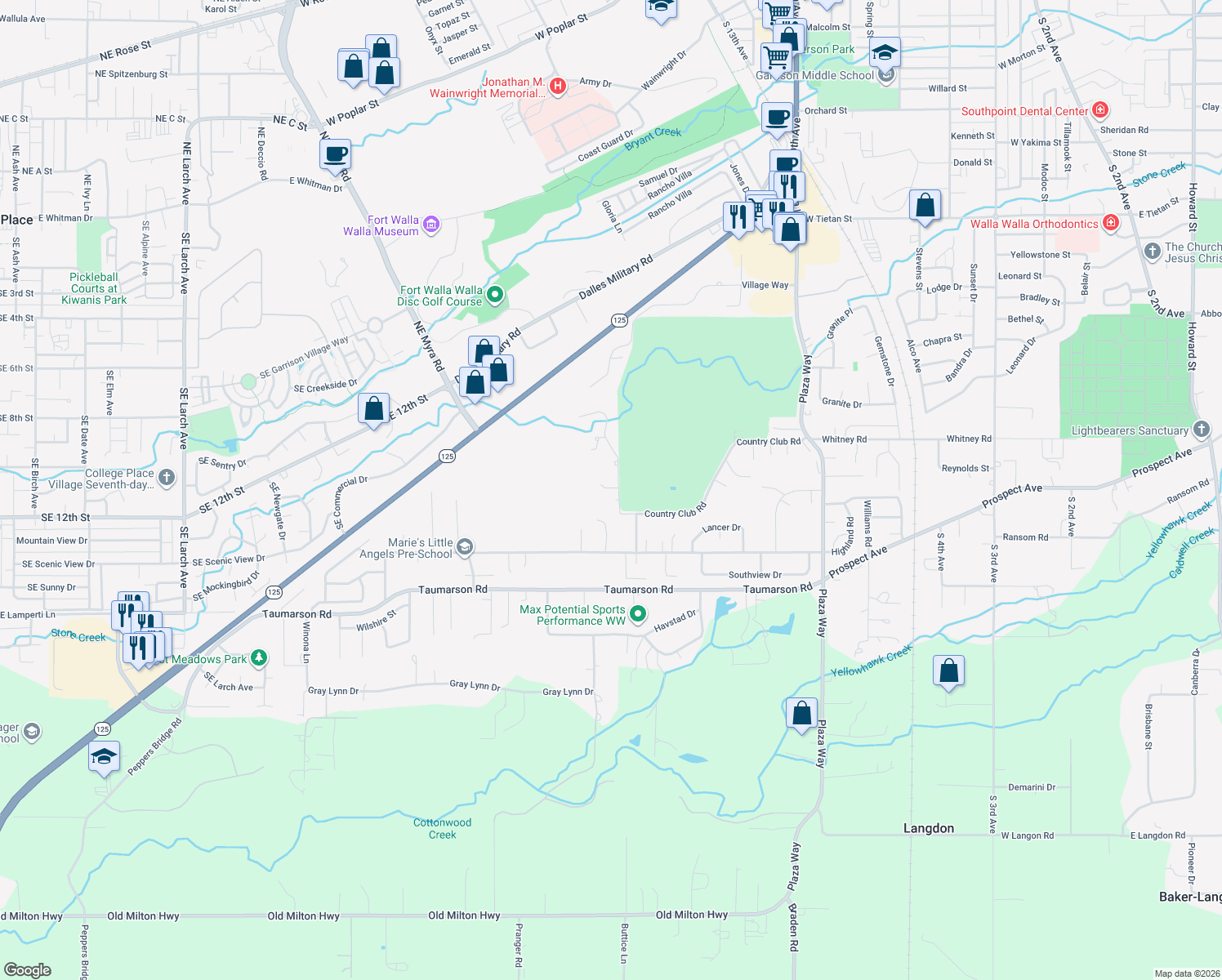 map of restaurants, bars, coffee shops, grocery stores, and more near 2441 Country Club Rd in Walla Walla