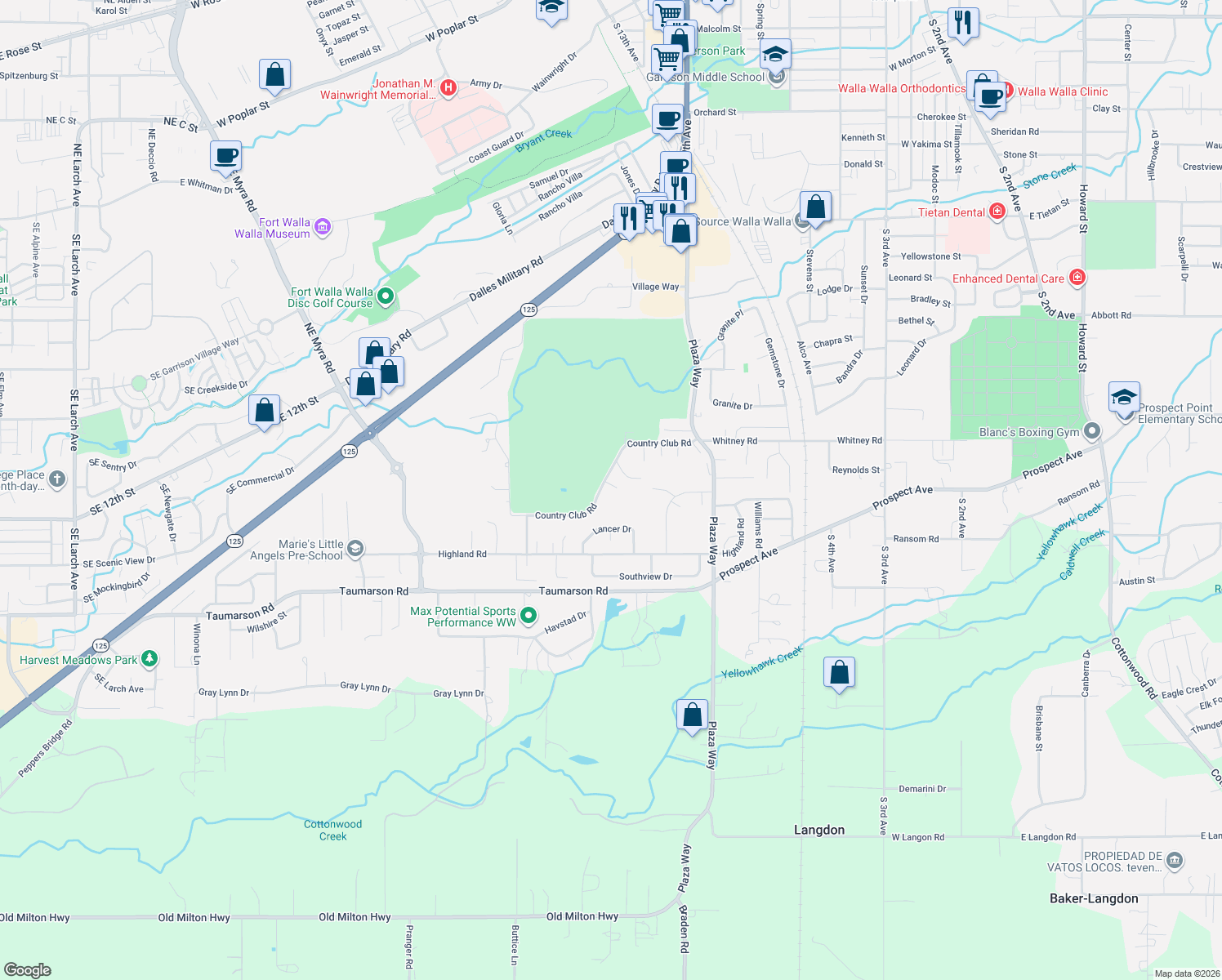 map of restaurants, bars, coffee shops, grocery stores, and more near 1261 Country Club Rd in Walla Walla