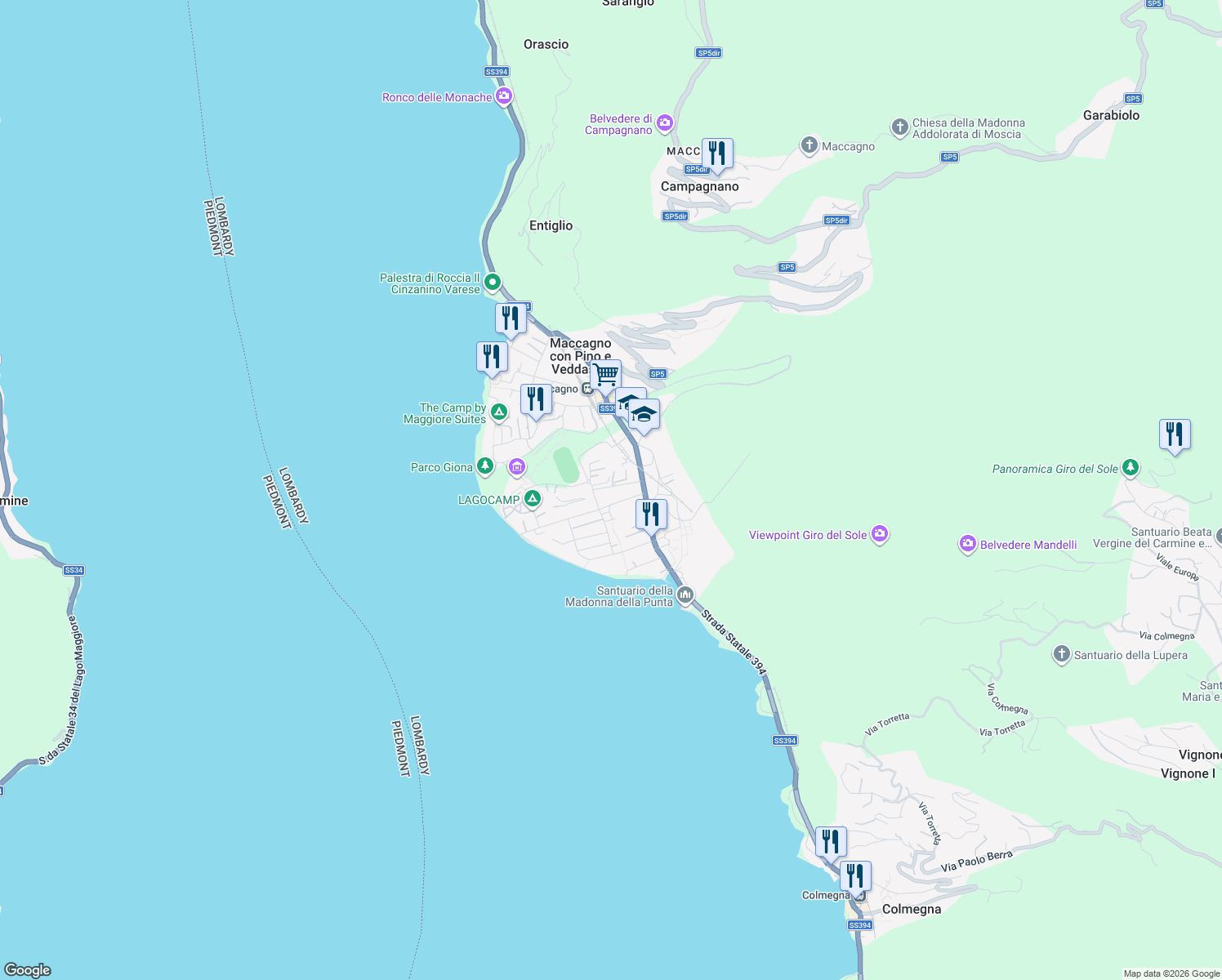 map of restaurants, bars, coffee shops, grocery stores, and more near 11 Via Frat Monaco Benefattori in Maccagno con Pino e Veddasca