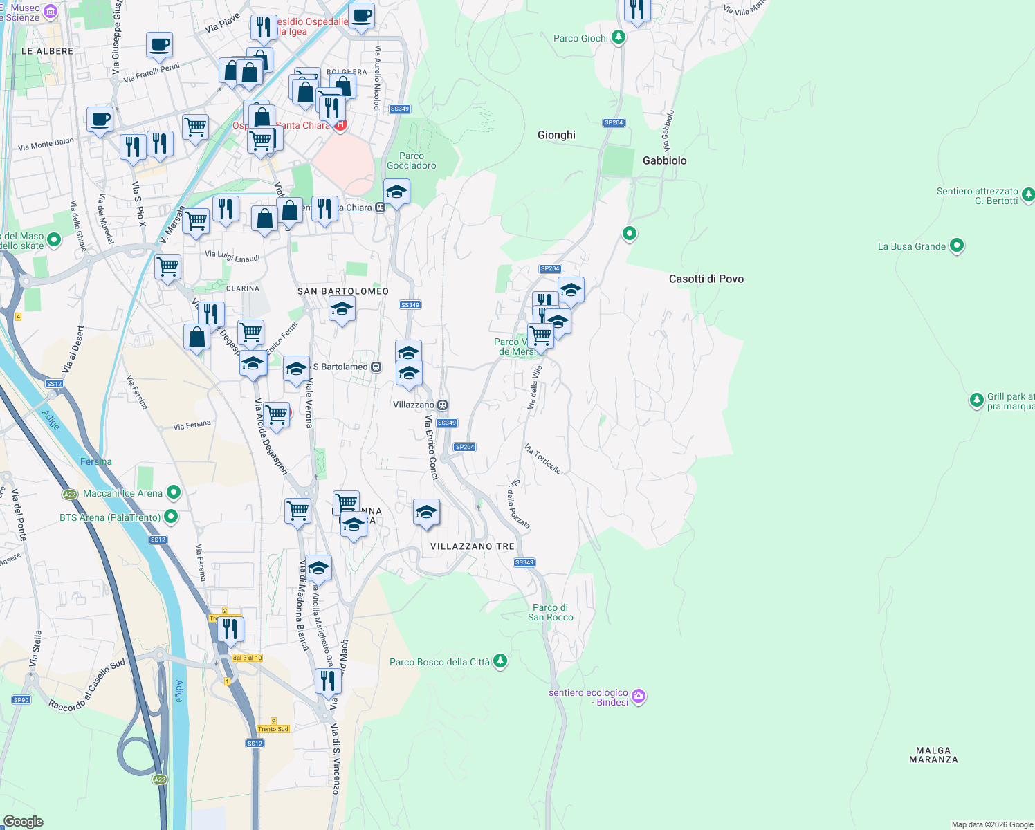 map of restaurants, bars, coffee shops, grocery stores, and more near 8 Strada delle Tabarelle in Trento
