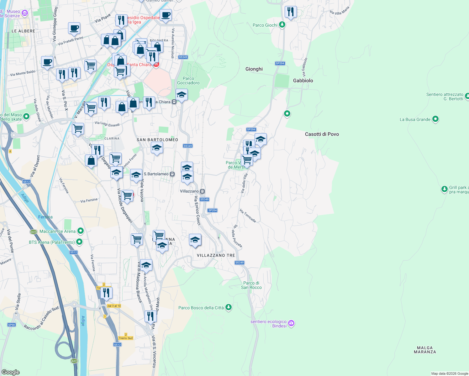 map of restaurants, bars, coffee shops, grocery stores, and more near 8 Strada delle Tabarelle in Trento