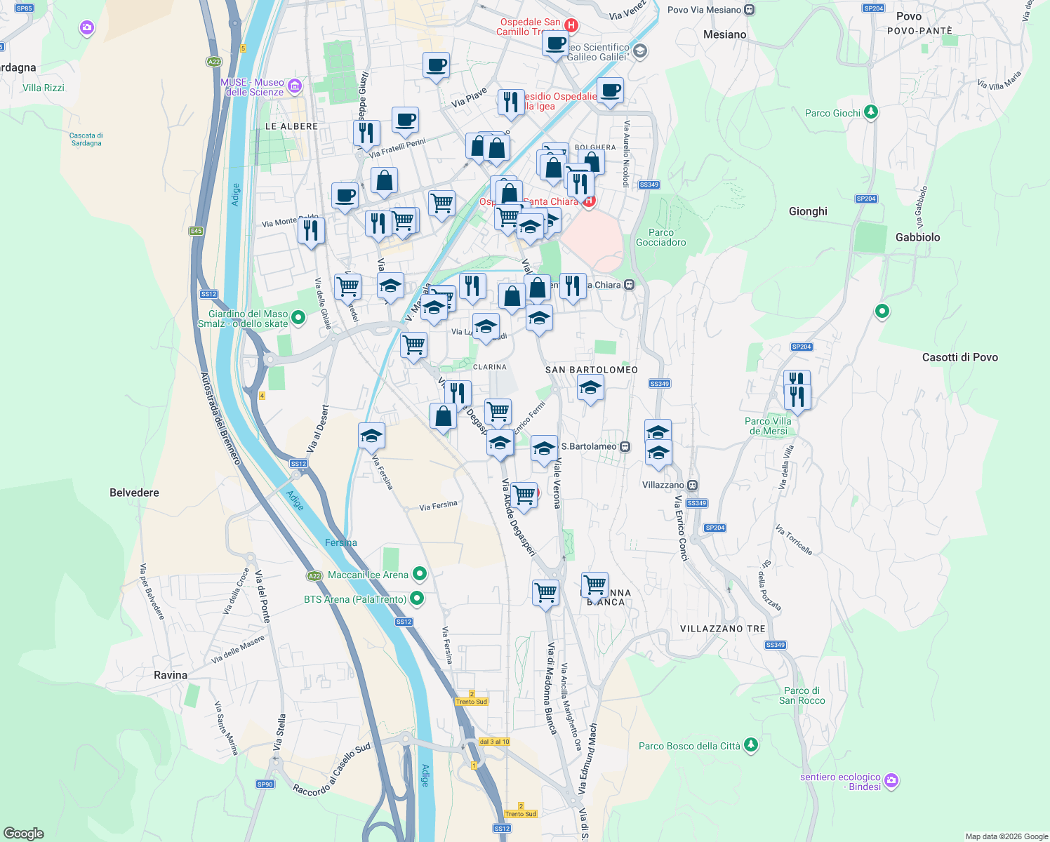 map of restaurants, bars, coffee shops, grocery stores, and more near 25 Via Enrico Fermi in Trento