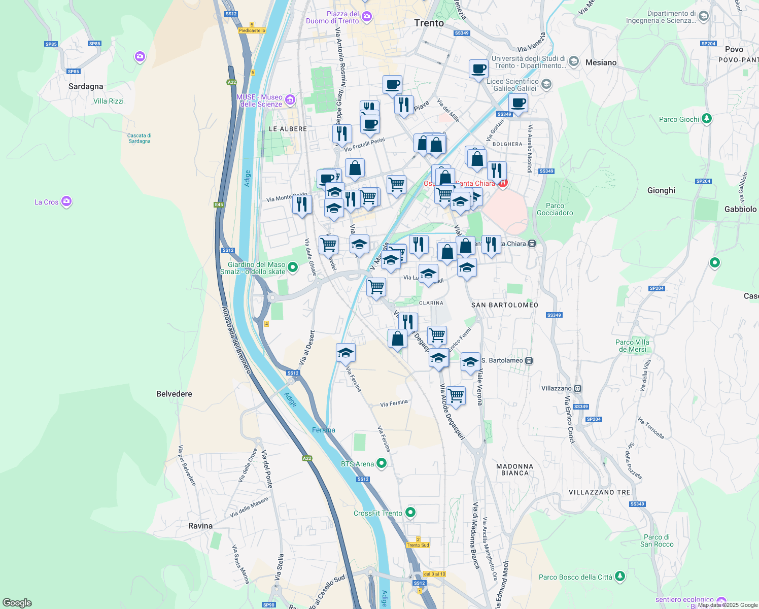 map of restaurants, bars, coffee shops, grocery stores, and more near 14 Via Alcide Degasperi in Trento