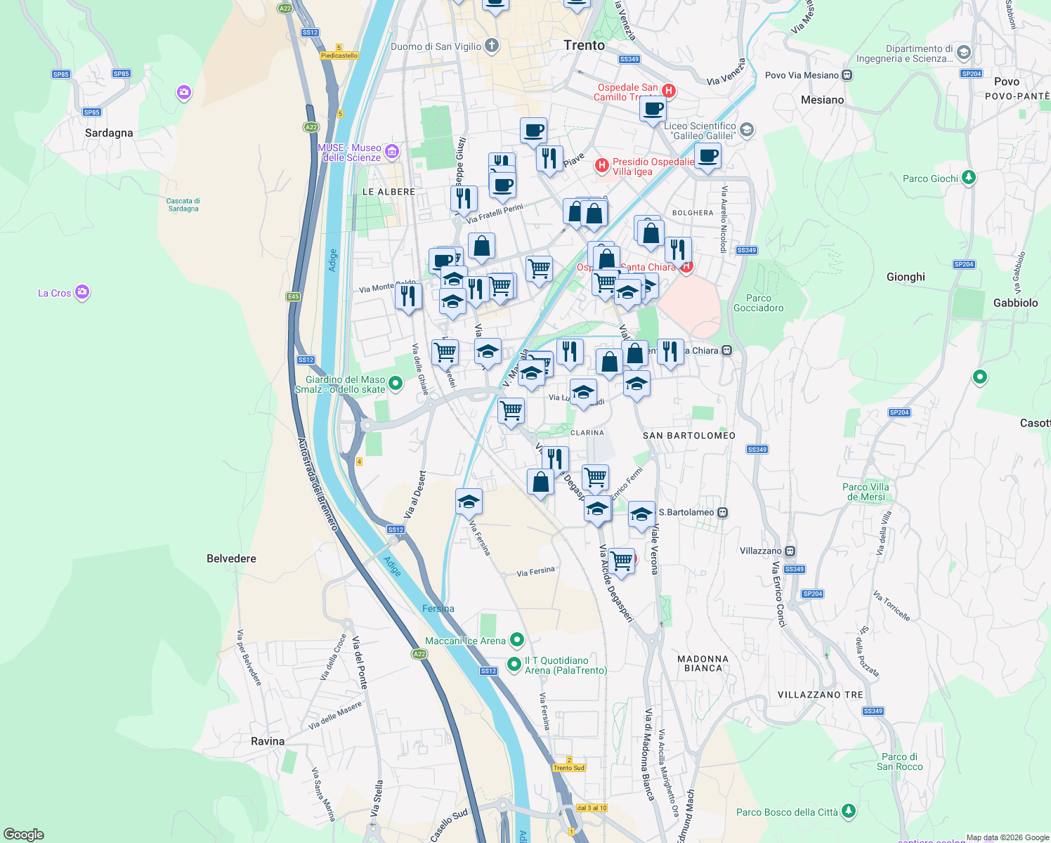 map of restaurants, bars, coffee shops, grocery stores, and more near 14 Via Alcide Degasperi in Trento