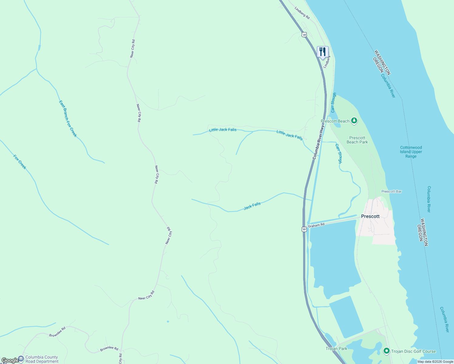 map of restaurants, bars, coffee shops, grocery stores, and more near Little Jack Falls Road in Rainier