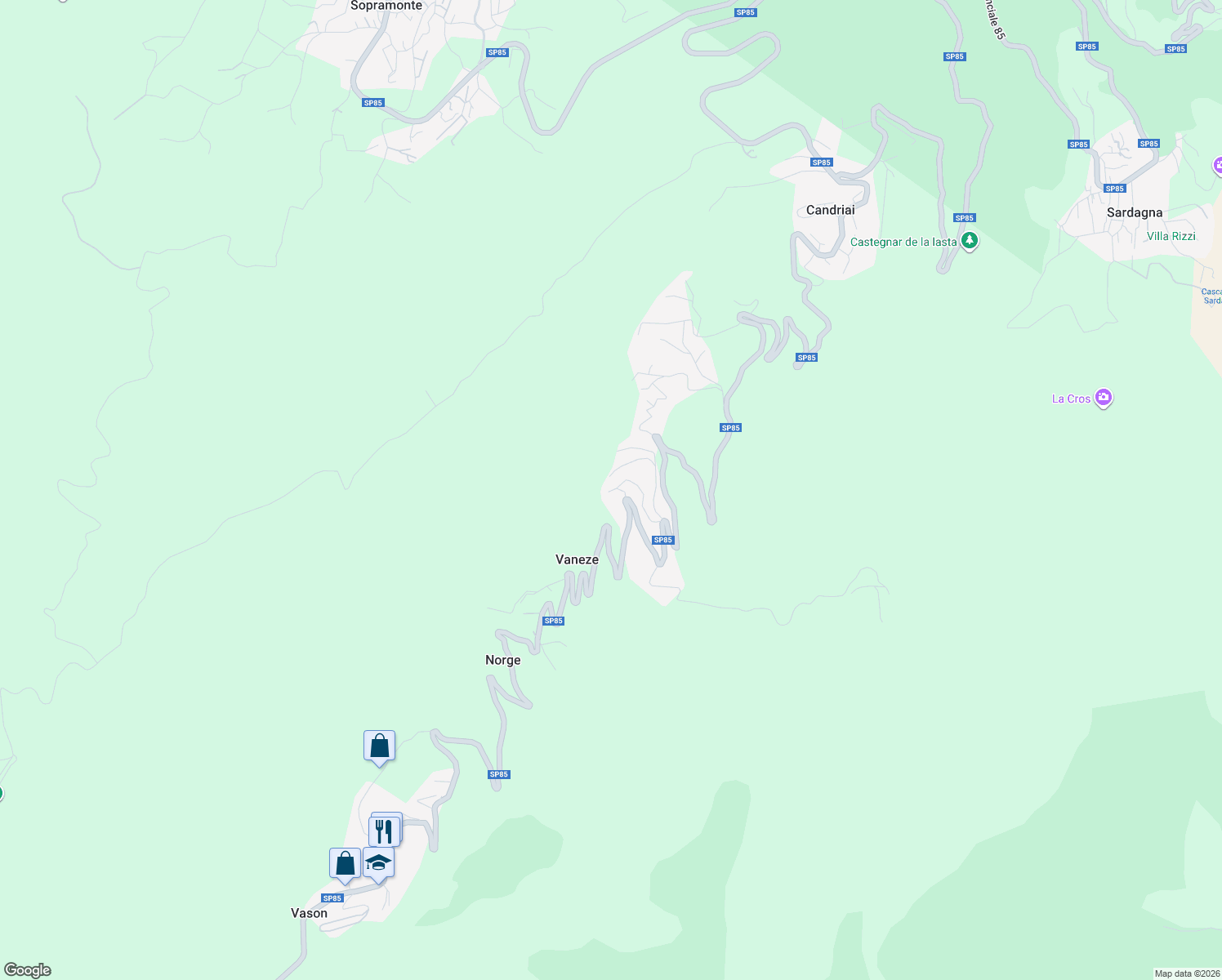 map of restaurants, bars, coffee shops, grocery stores, and more near 30 Via dei Falchi in Vaneze