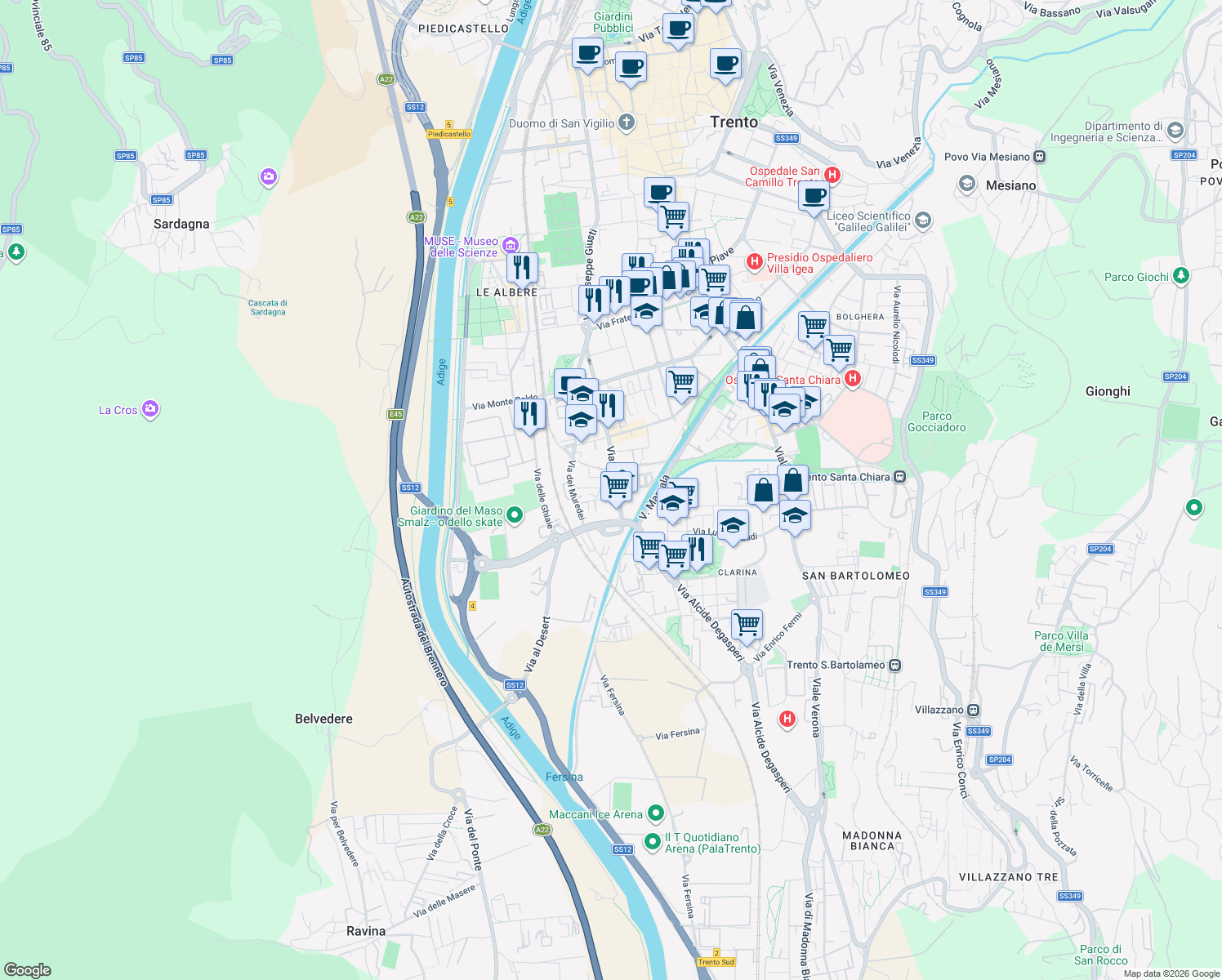 map of restaurants, bars, coffee shops, grocery stores, and more near 53 Via San Pio X in Trento