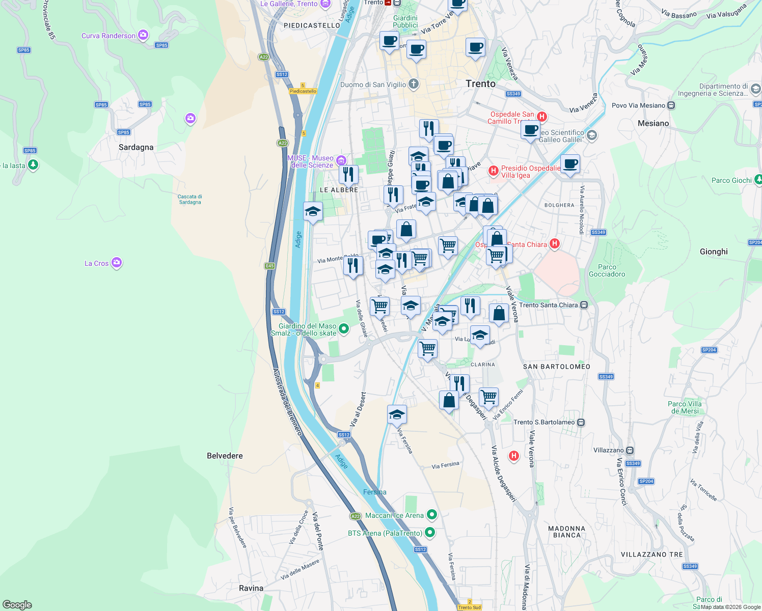 map of restaurants, bars, coffee shops, grocery stores, and more near 54 Via dei Muredei in Trento