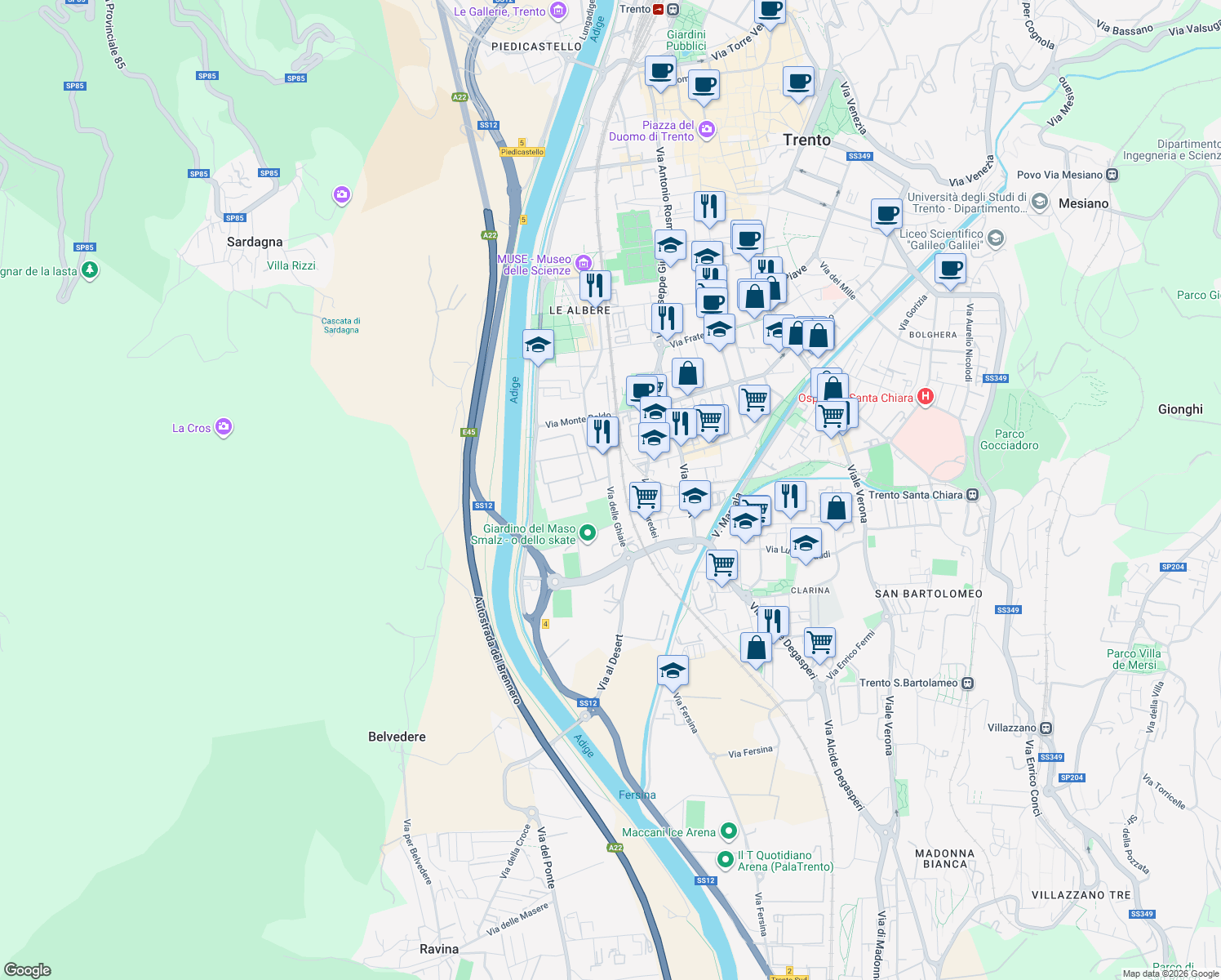 map of restaurants, bars, coffee shops, grocery stores, and more near 31 Via delle Ghiaie in Trent