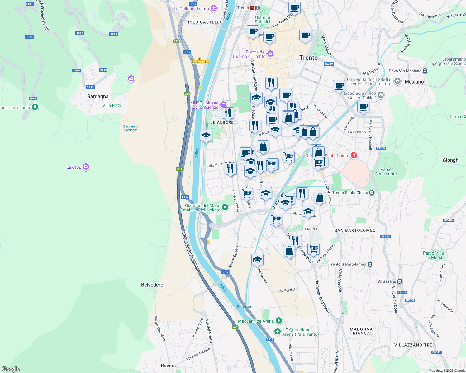 map of restaurants, bars, coffee shops, grocery stores, and more near 31 Via delle Ghiaie in Trento