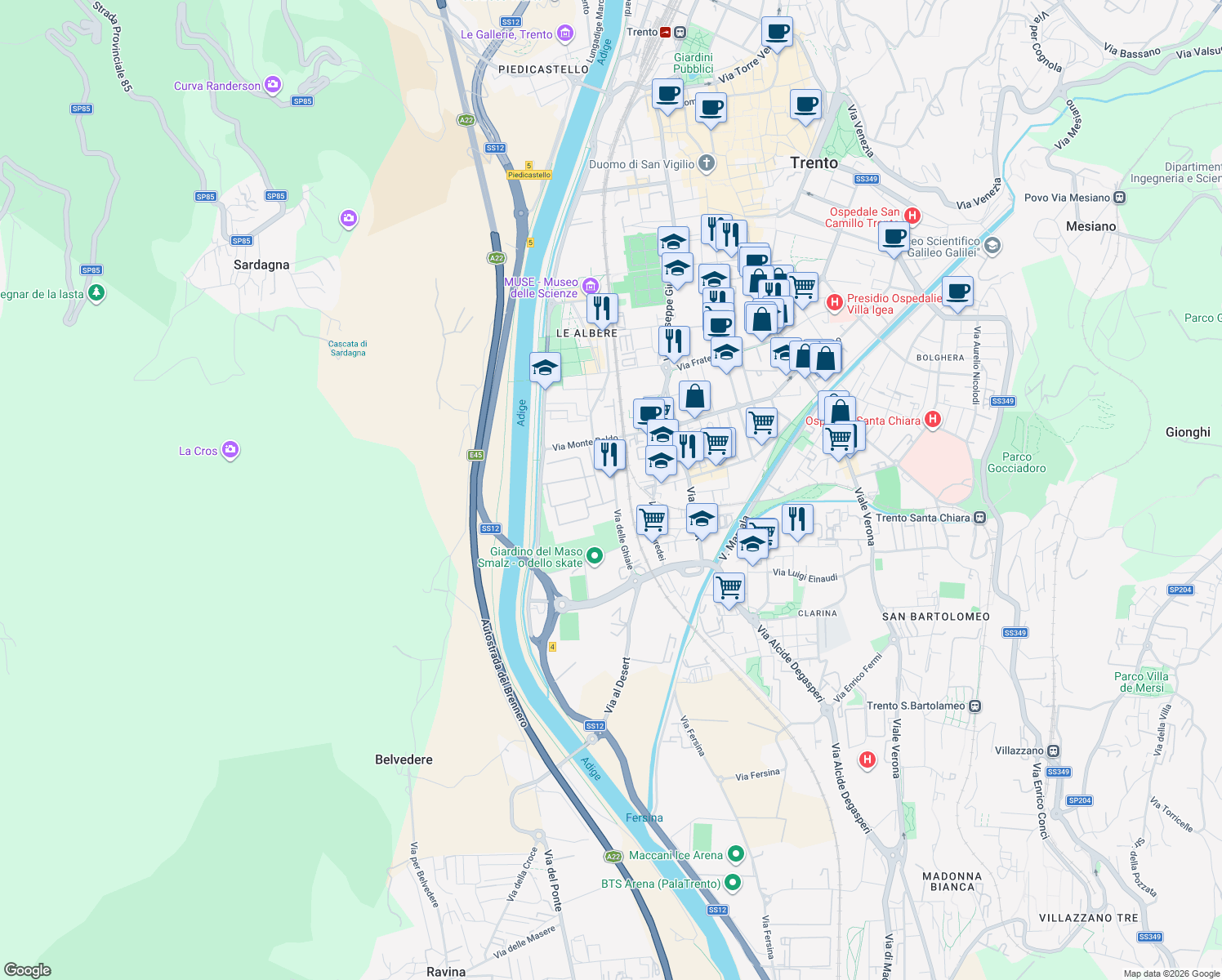 map of restaurants, bars, coffee shops, grocery stores, and more near 3-23 Via delle Ghiaie in Trent