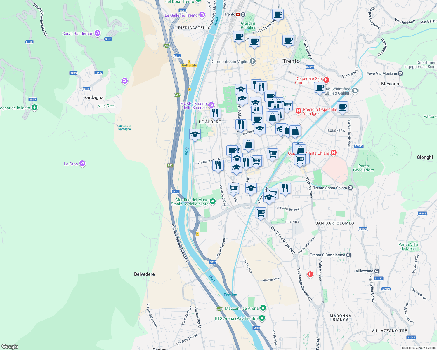 map of restaurants, bars, coffee shops, grocery stores, and more near 23 Via delle Ghiaie in Trento