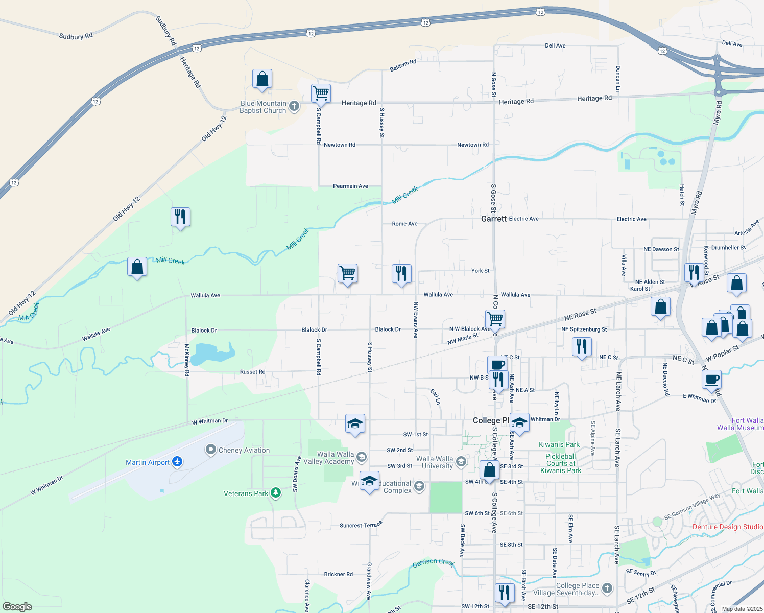 map of restaurants, bars, coffee shops, grocery stores, and more near 35 Sullivan Pl in Walla Walla