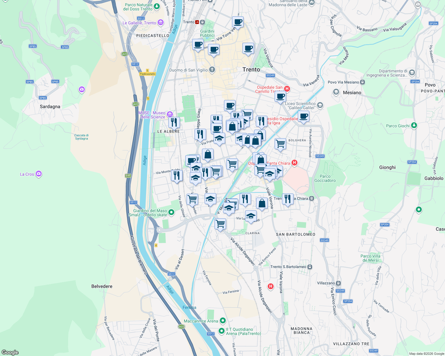 map of restaurants, bars, coffee shops, grocery stores, and more near 14 Via Giacomo Matteotti in Trento