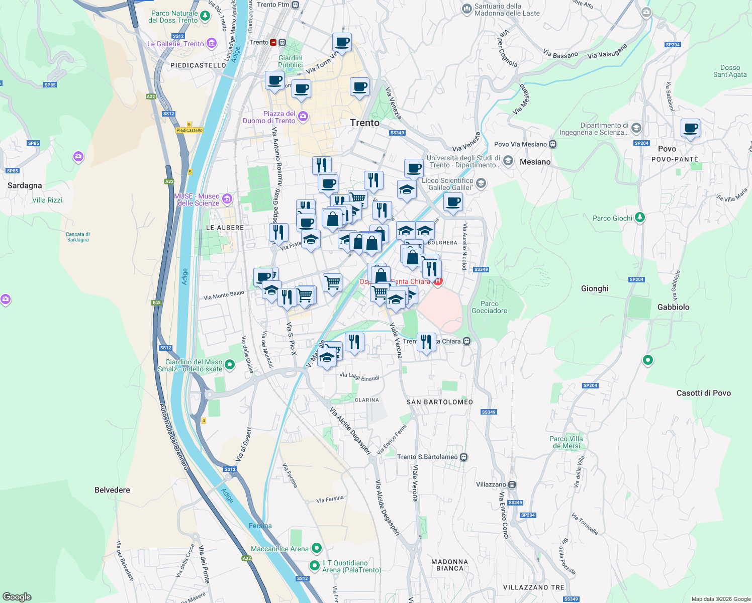 map of restaurants, bars, coffee shops, grocery stores, and more near 13 Via Palermo in Trento