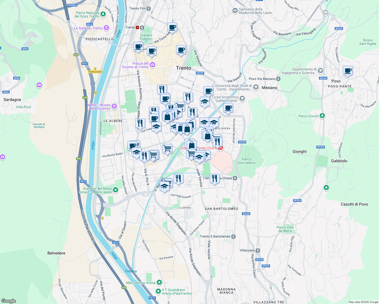 map of restaurants, bars, coffee shops, grocery stores, and more near 11-13 Via Palermo in Trento