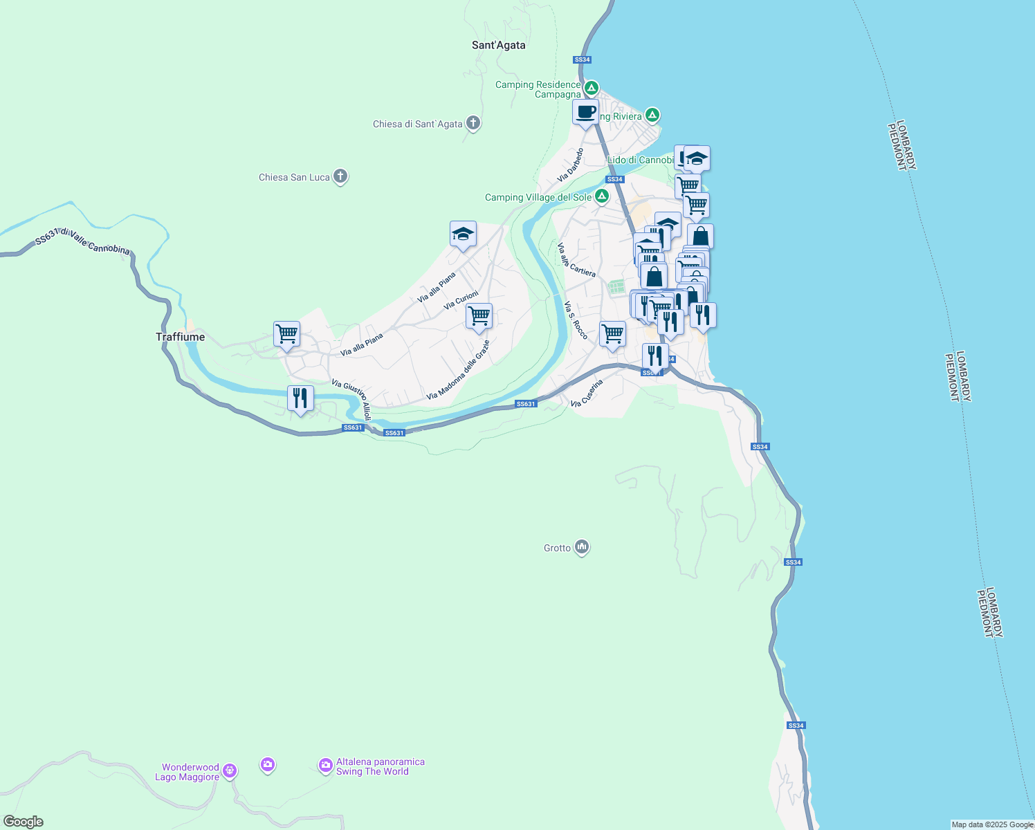 map of restaurants, bars, coffee shops, grocery stores, and more near 50 Strada Statale 631 in Cannobio