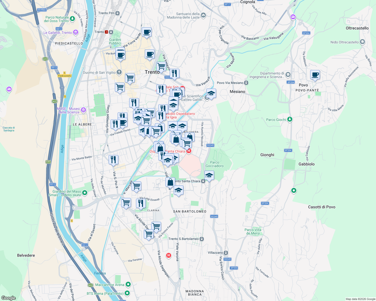 map of restaurants, bars, coffee shops, grocery stores, and more near 5 Via Apollonio Annibale in Trento