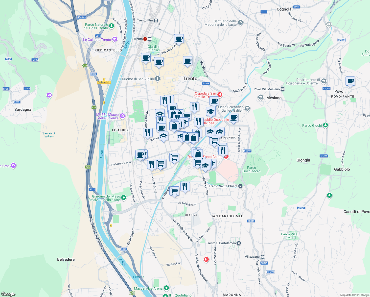 map of restaurants, bars, coffee shops, grocery stores, and more near 13 Via Pietro Asilo Pedrotti in Trento