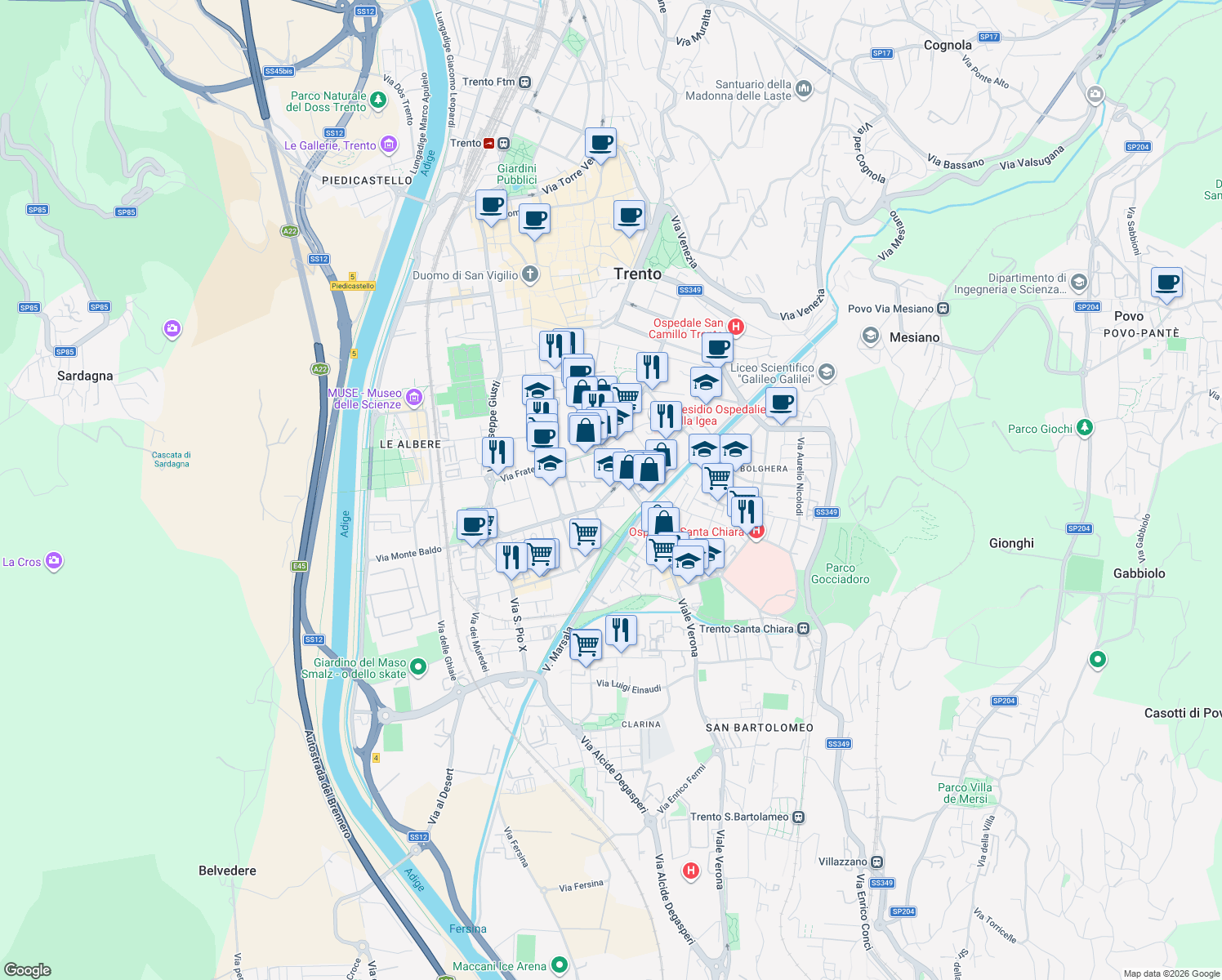 map of restaurants, bars, coffee shops, grocery stores, and more near 13 Via Pietro Asilo Pedrotti in Trento