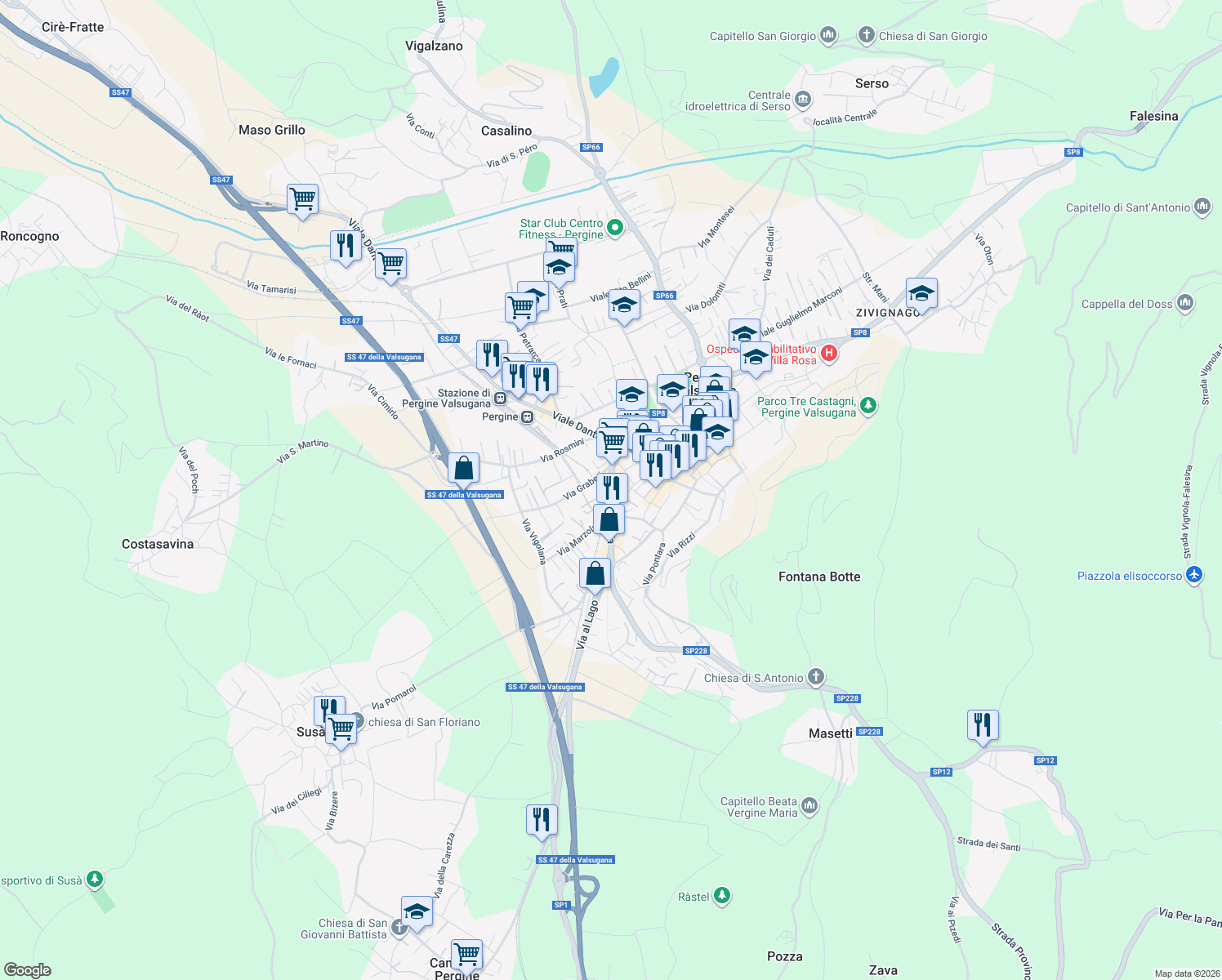 map of restaurants, bars, coffee shops, grocery stores, and more near 24 Viale Venezia in Pergine Valsugana